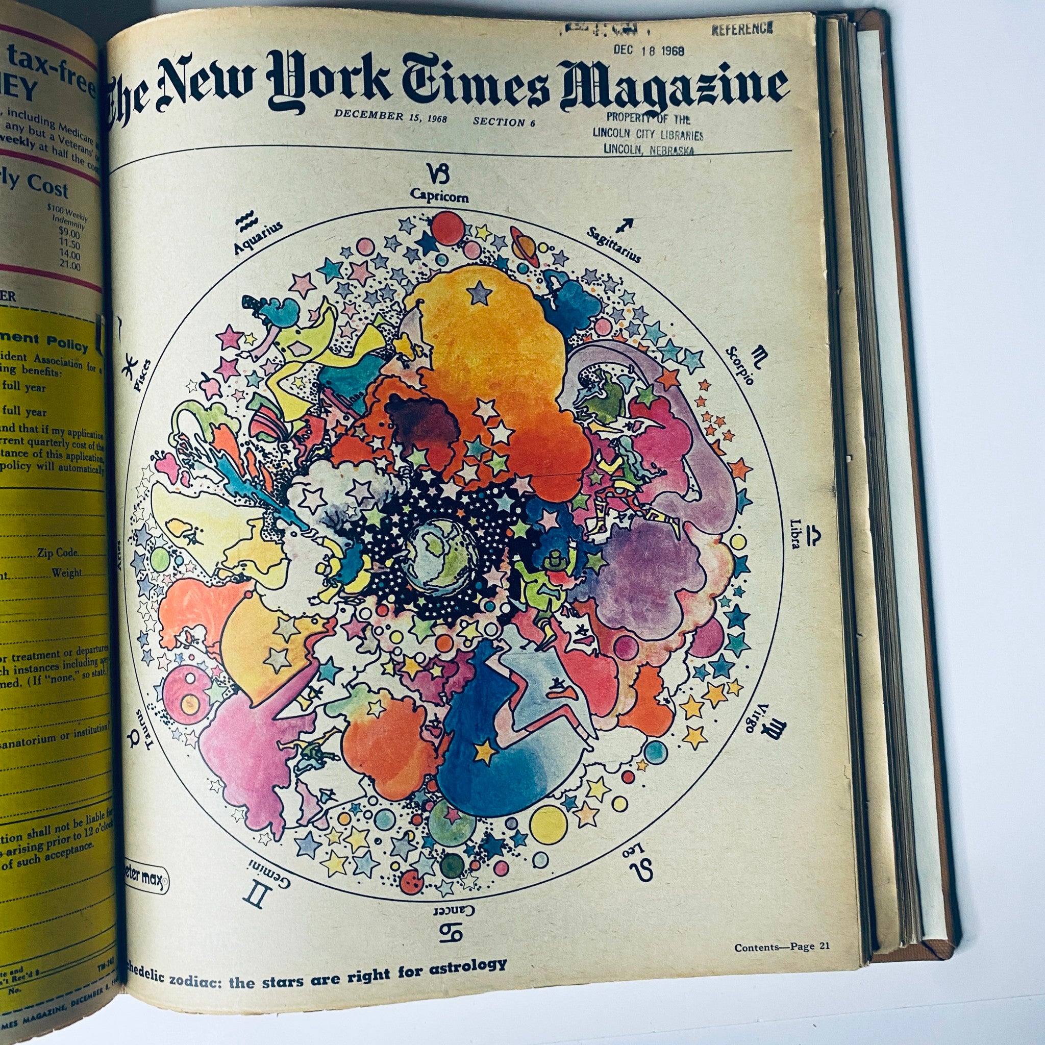 The New York Times Library Bound Magazine 1968 November - December cover depicting a colorful psychedelic zodiac illustration, representing astrology's cultural significance in late 1960s America.