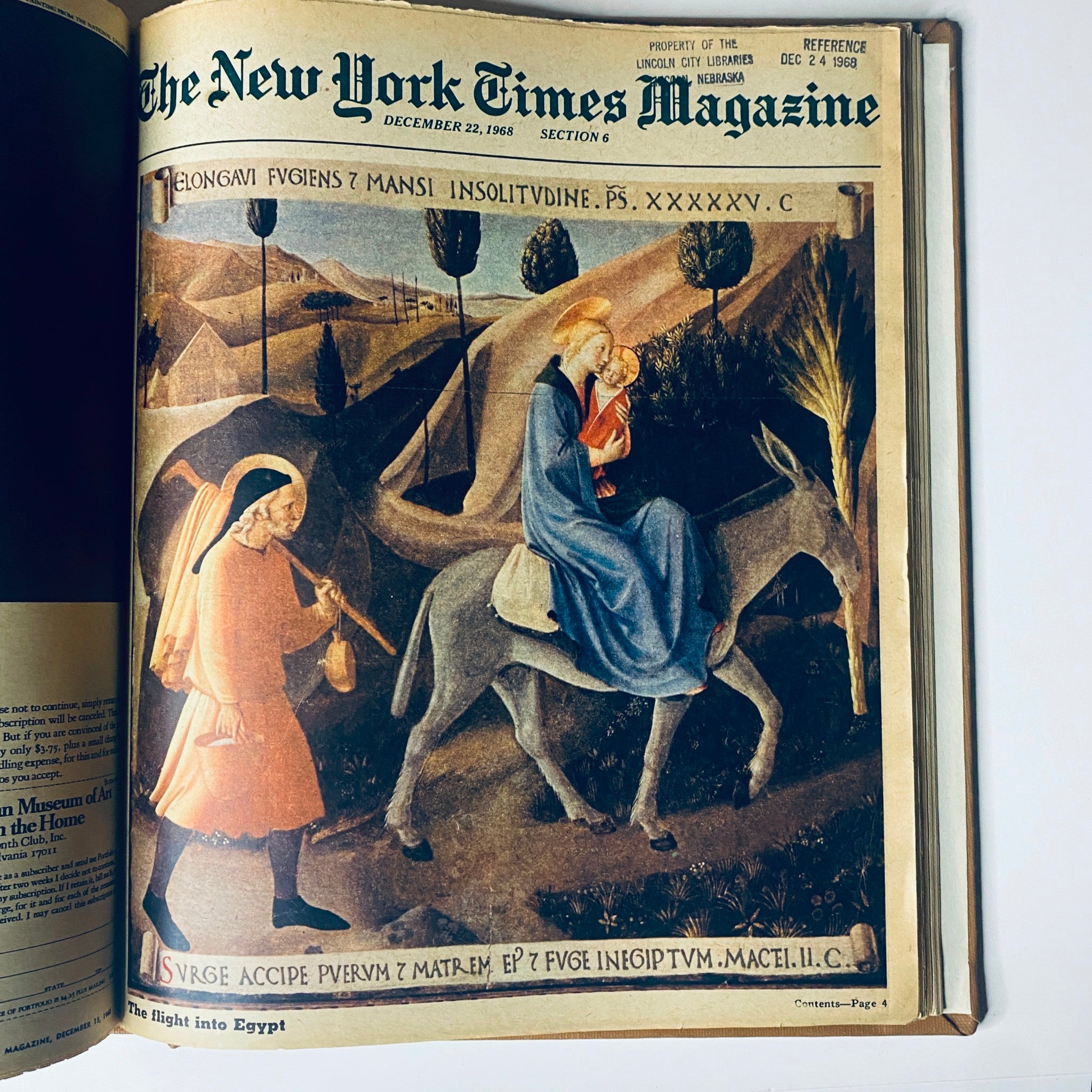 The New York Times Library Bound Magazine 1968 November - December cover featuring a historical artwork depicting the Flight into Egypt, showcasing artistic interpretations in the magazine.