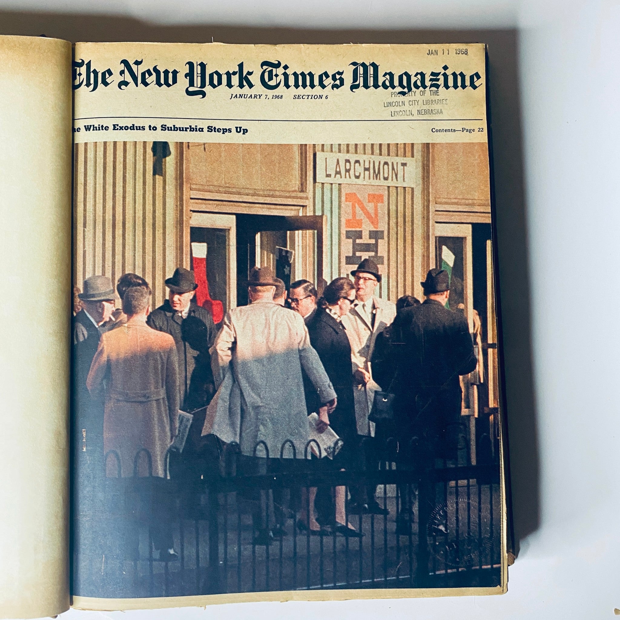 Prominent cover of The New York Times Magazine dated January 7, 1968, with a vibrant photograph depicting a suburban scene.