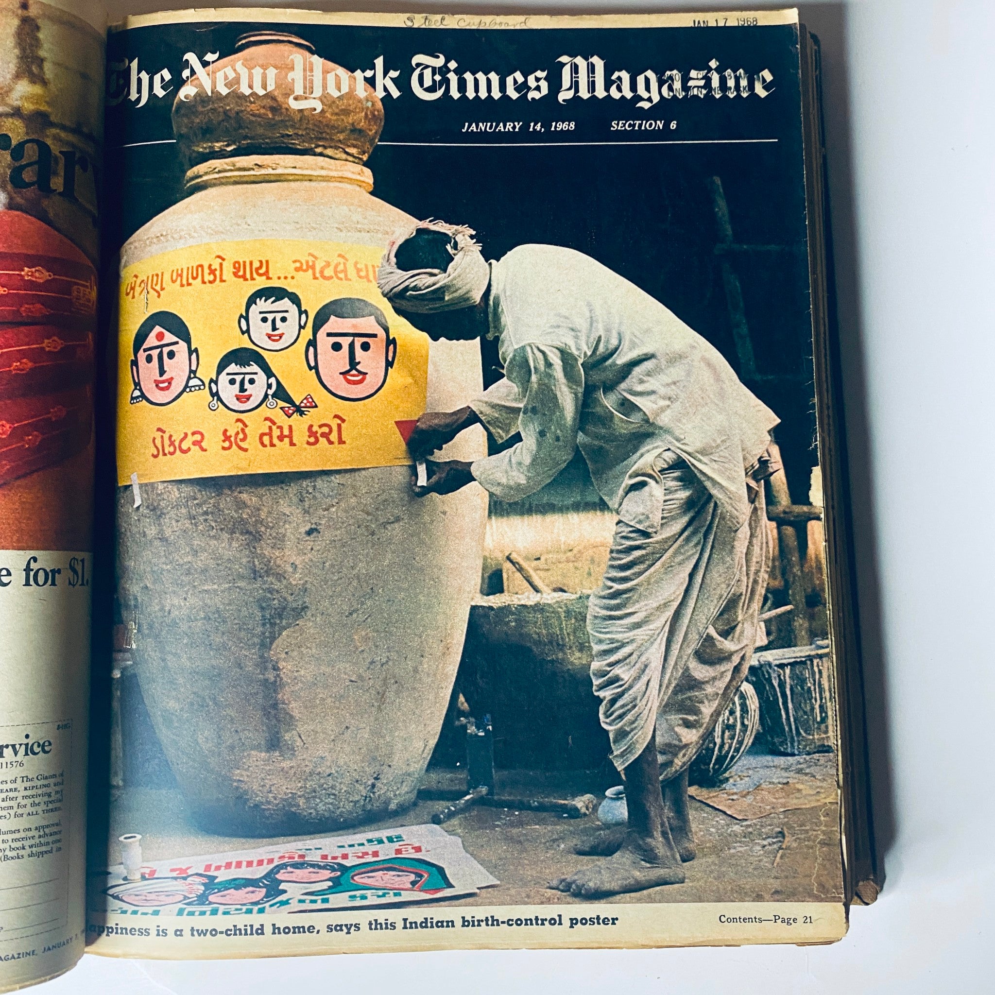 Cover of The New York Times Magazine January 14, 1968, featuring a man applying a colorful birth-control poster to a large clay pot, symbolizing cultural perspectives on family planning.