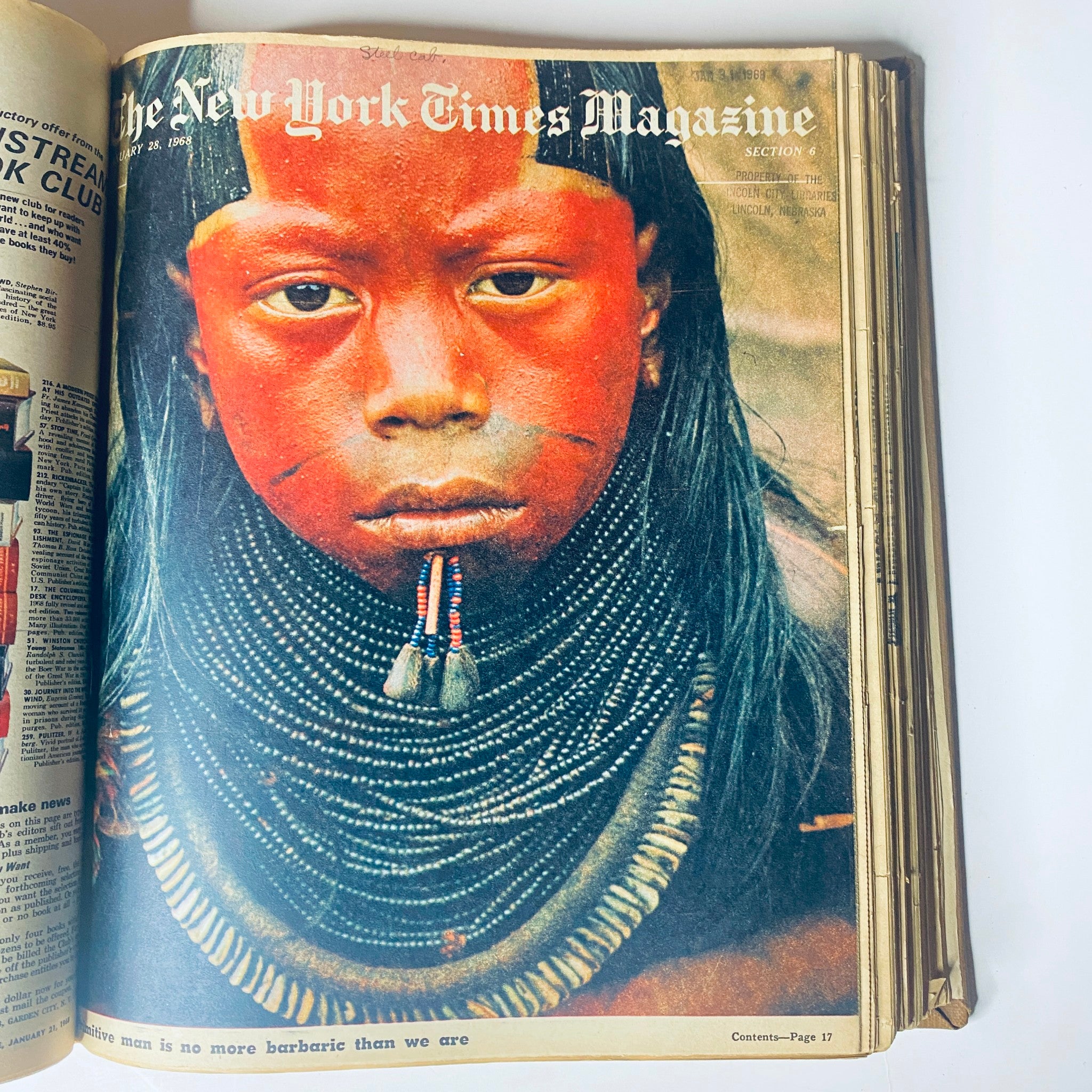 Cover of The New York Times Magazine January 28, 1968, showcasing a portrait of an indigenous child adorned with traditional jewelry and facial paint, highlighting cultural identity and symbolism.