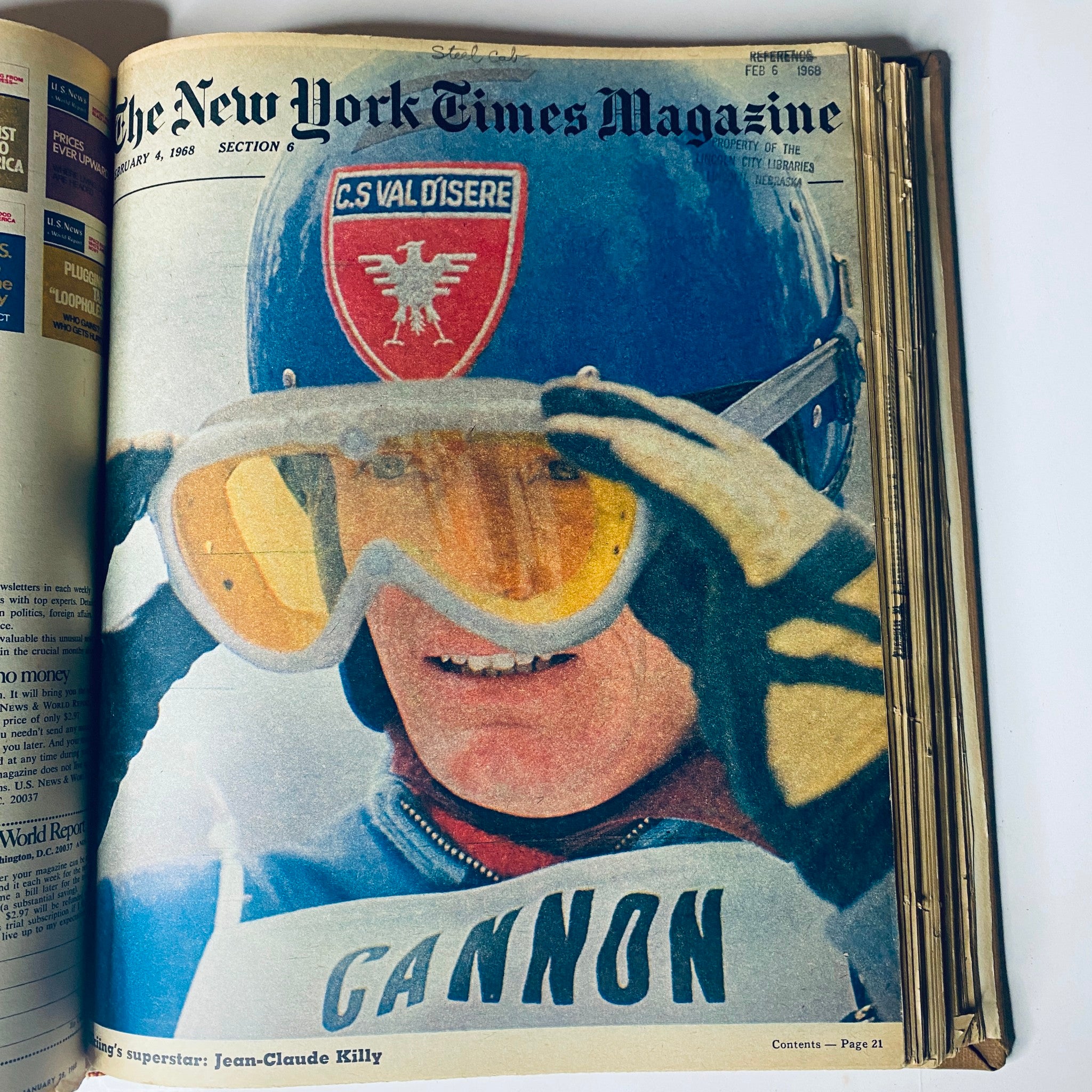 Cover of The New York Times Magazine February 4, 1968, illustrating a ski racer preparing for the race wearing goggles and a blue helmet, reflecting the excitement of winter sports.