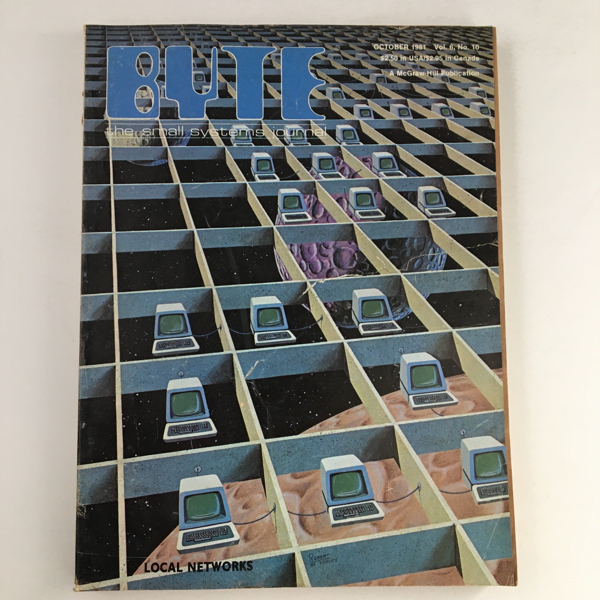 Cover of VTG Byte The Small System Journal October 1981 Vol 6 #10 featuring illustrations of computers in a grid layout, highlighting the theme of Local Networks.