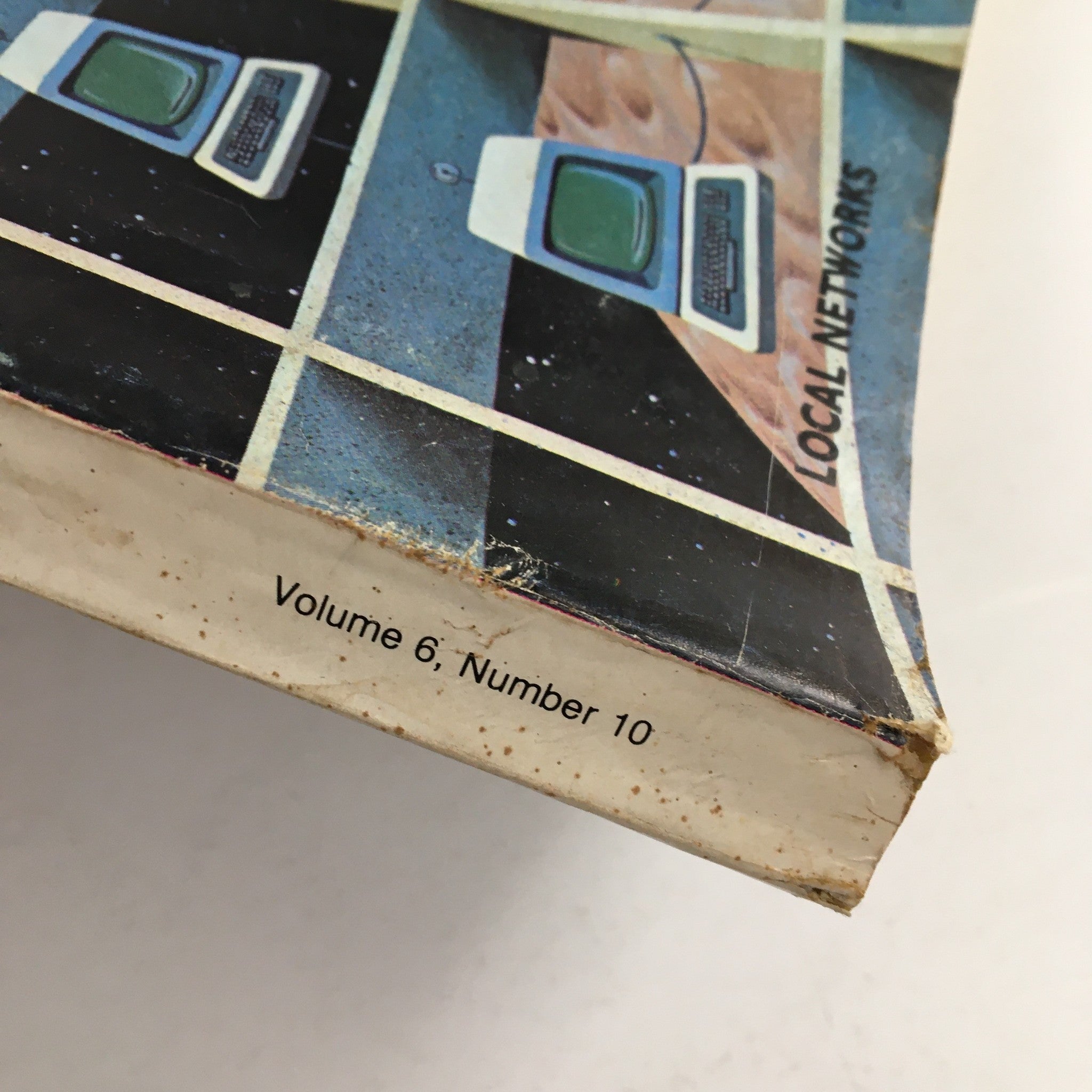 Close-up view of the spine of VTG Byte The Small System Journal October 1981 Vol 6 #10 Local Networks showing volume number and minor wear.