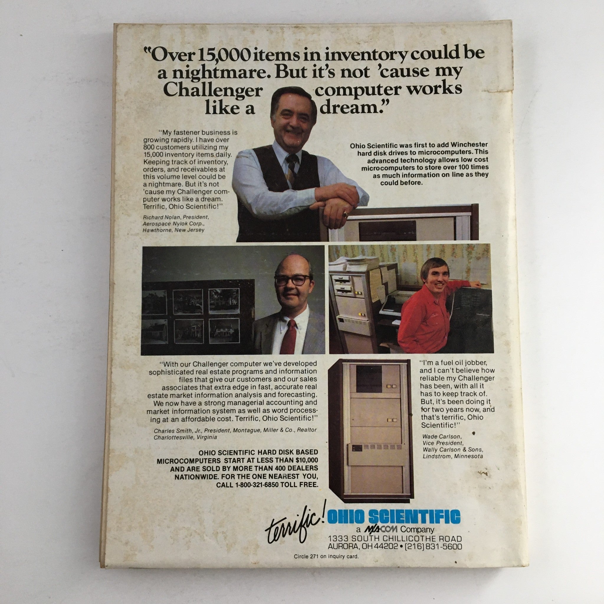 Back cover of VTG Byte The Small System Journal October 1981 Vol 6 #10 Local Networks with an advertisement for Ohio Scientific and images of personnel.