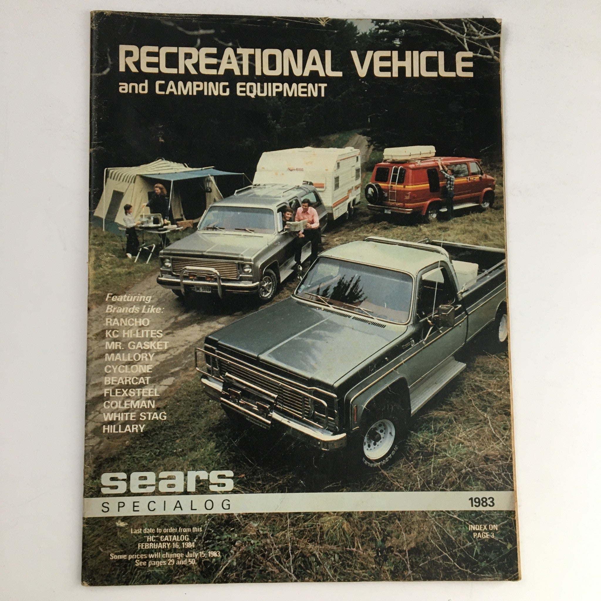 Cover of the Sears 1983 Recreational Vehicle and Camping Equipment Rancho, Cyclone Specialog featuring vintage RVs and camping scenes, showcasing outdoor adventure and travel equipment.