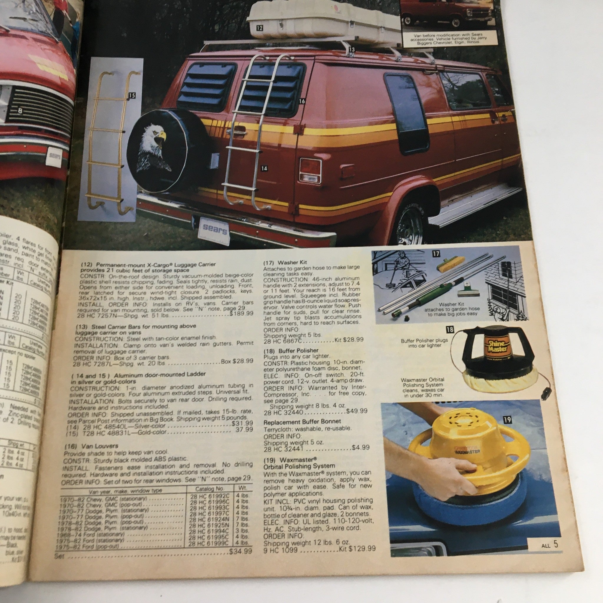 Sears 1983 Recreational Vehicle and Camping Equipment Rancho, Cyclone Specialog showcasing permanent mount cargo luggage carrier and accessories for RVs.