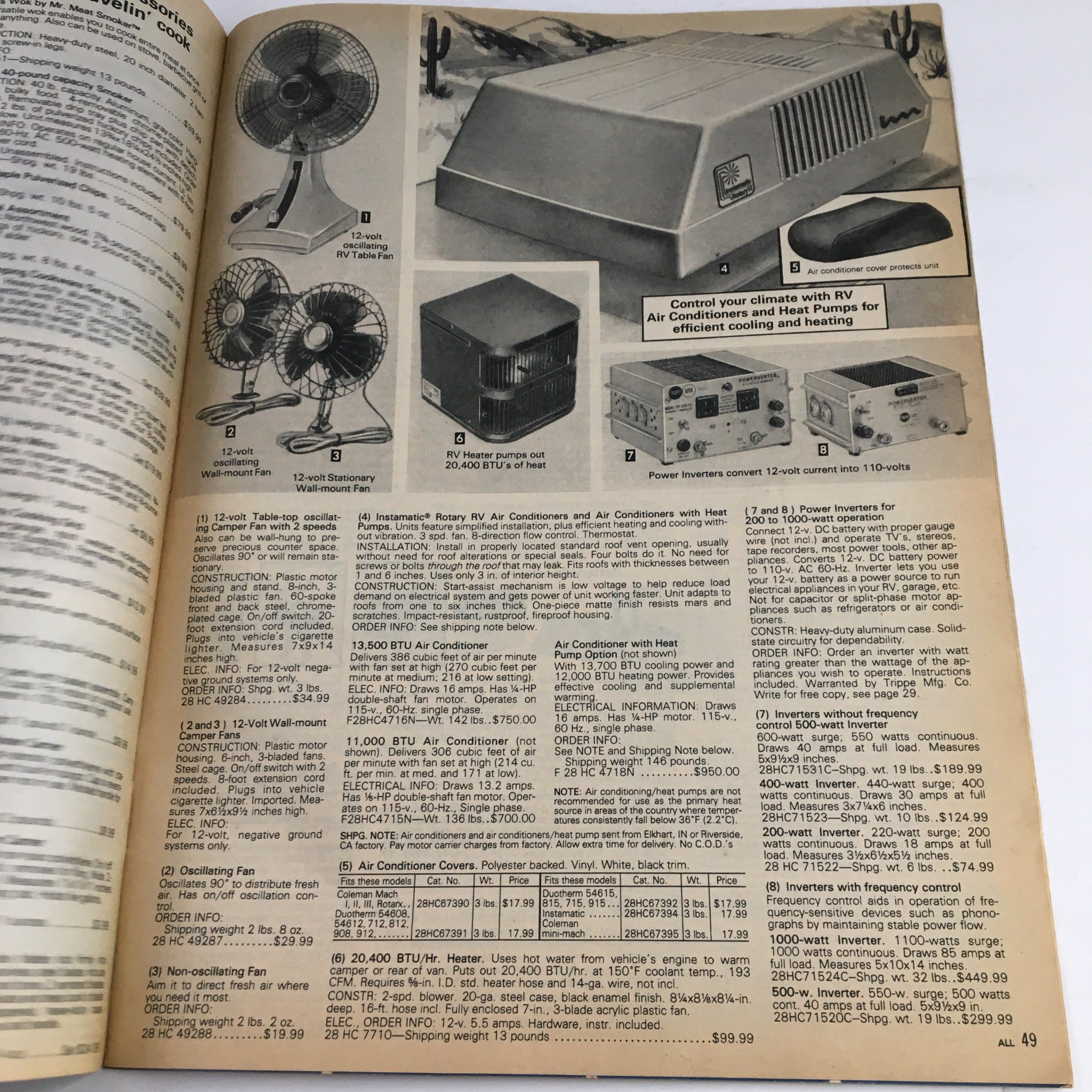 Sears 1983 Recreational Vehicle and Camping Equipment Rancho, Cyclone Specialog highlighting air conditioning units and fans for RV climate control.