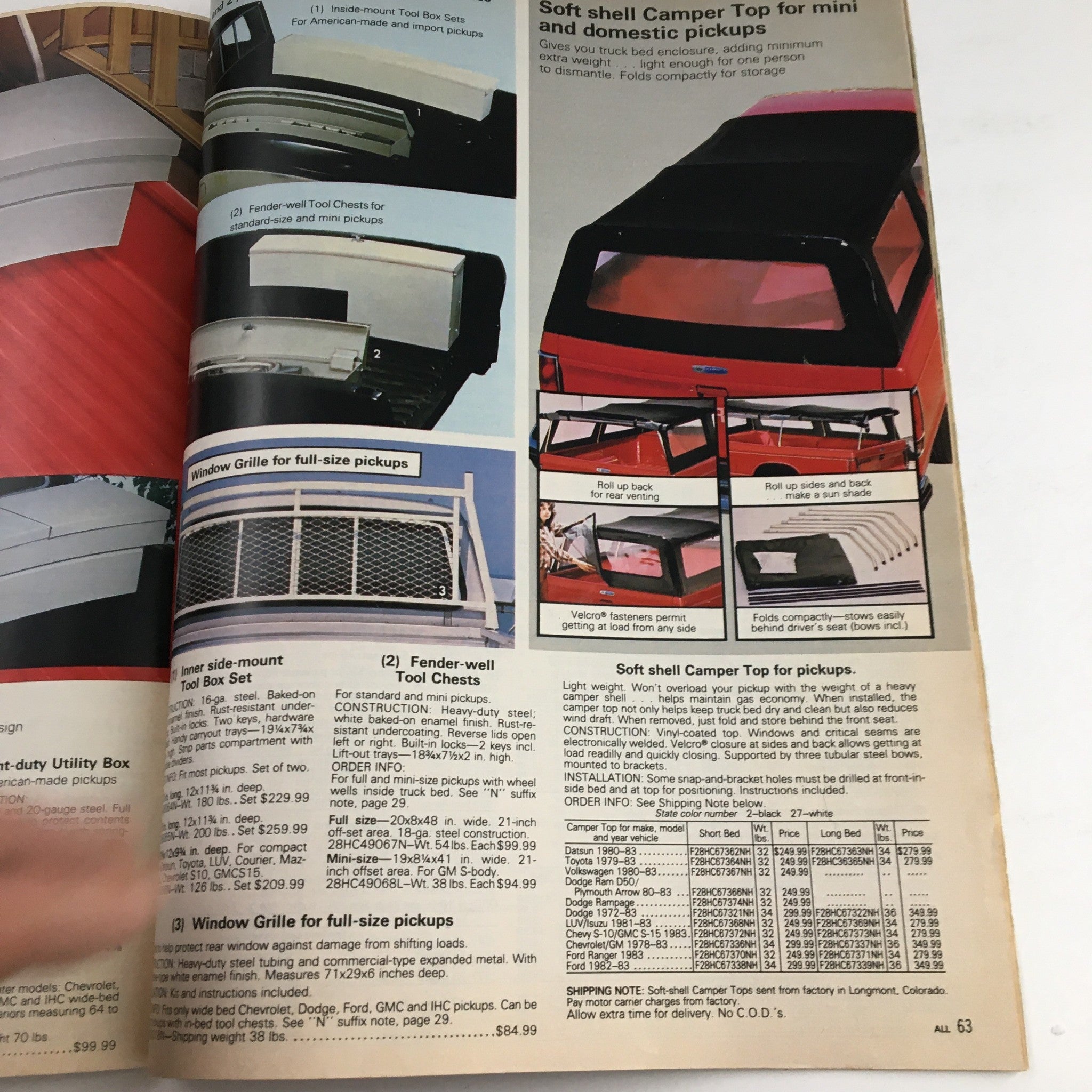Sears 1983 Recreational Vehicle and Camping Equipment Rancho, Cyclone Specialog illustrating soft shell camper tops and tool chests for trucks and pickups.