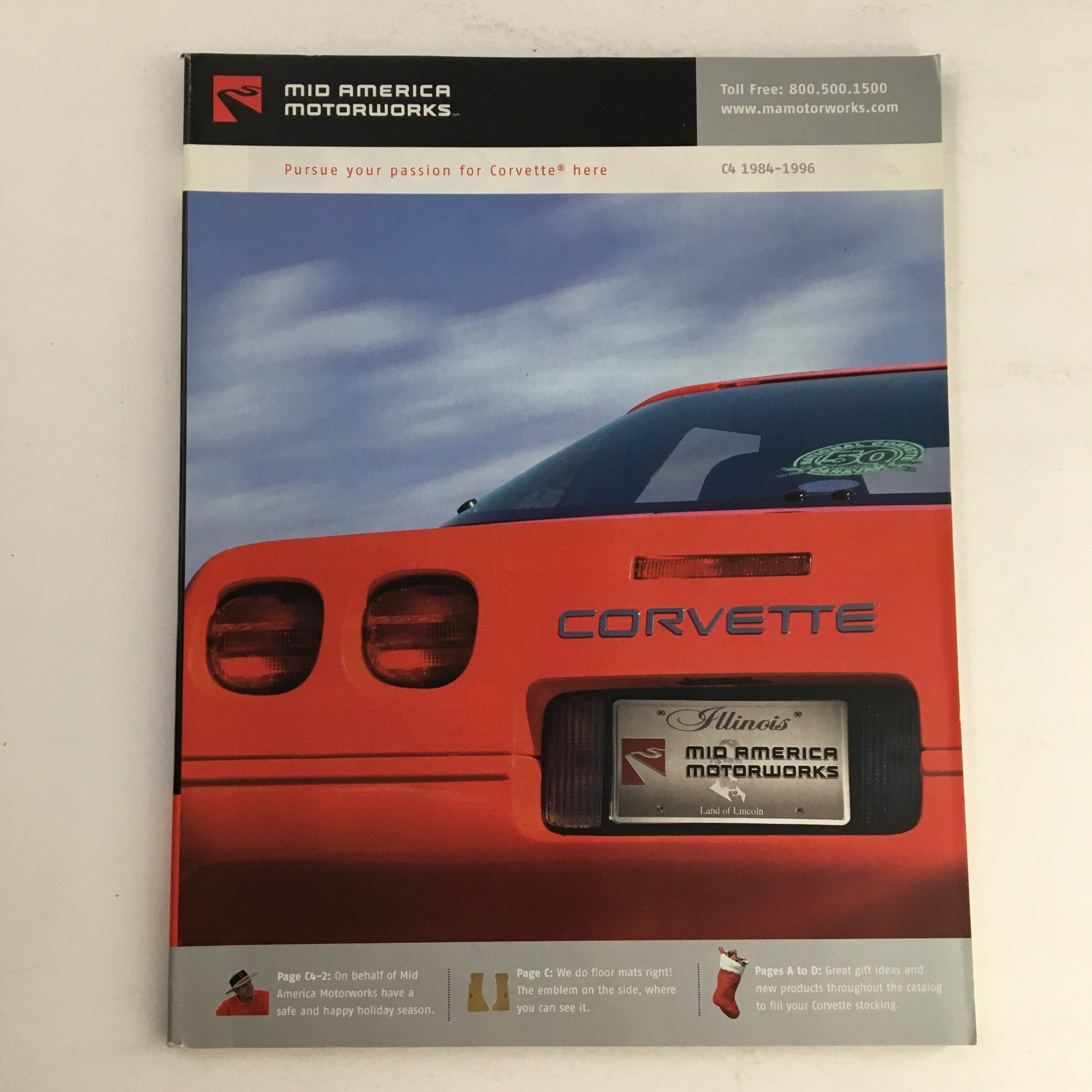 Cover of the Mid America Motorworks Corvette 2005 Parts & Accessories Catalog featuring a red Corvette and scenic background.