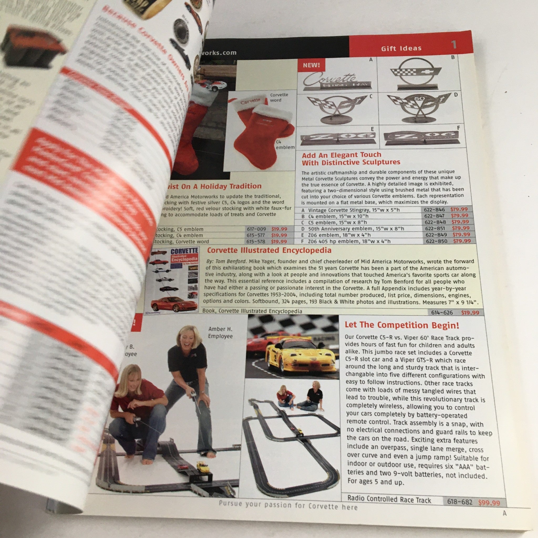 Open page of the Mid America Motorworks Corvette 2005 Parts & Accessories Catalog showcasing gift ideas and Corvette-related products.