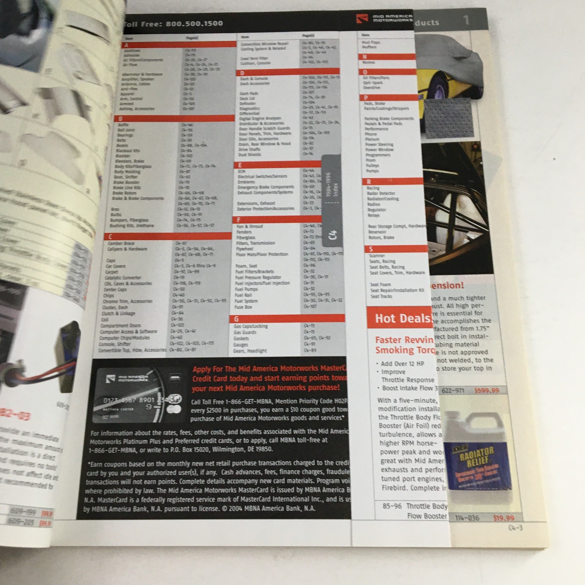 Interior page of the Mid America Motorworks Corvette & Chevrolet 2005 Parts & Accessories Catalog showing product listings and contact information.