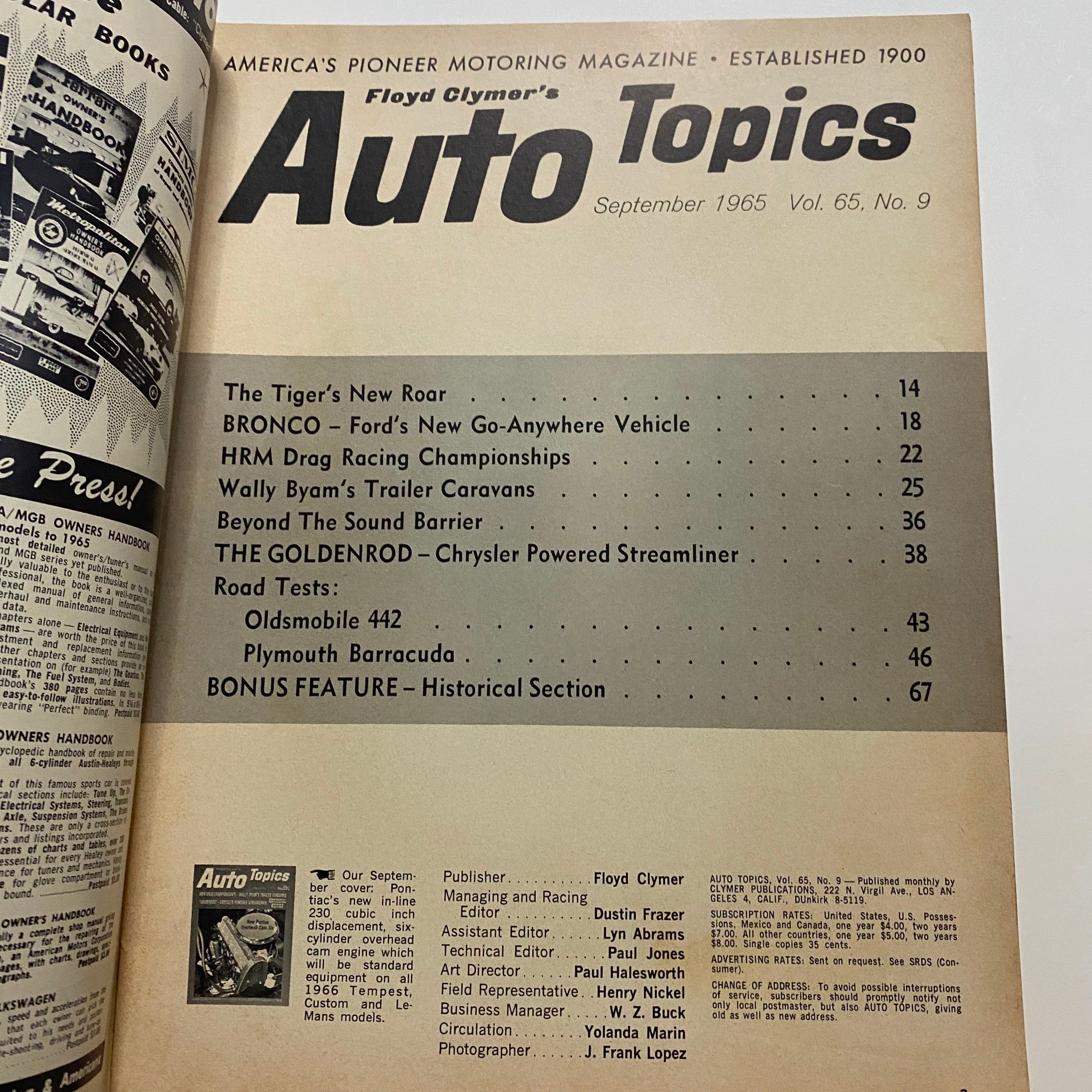 Inside page of VTG Auto Topics Magazine September 1965 showcasing the table of contents, detailing features on Ford, Chrysler, and automotive championships.