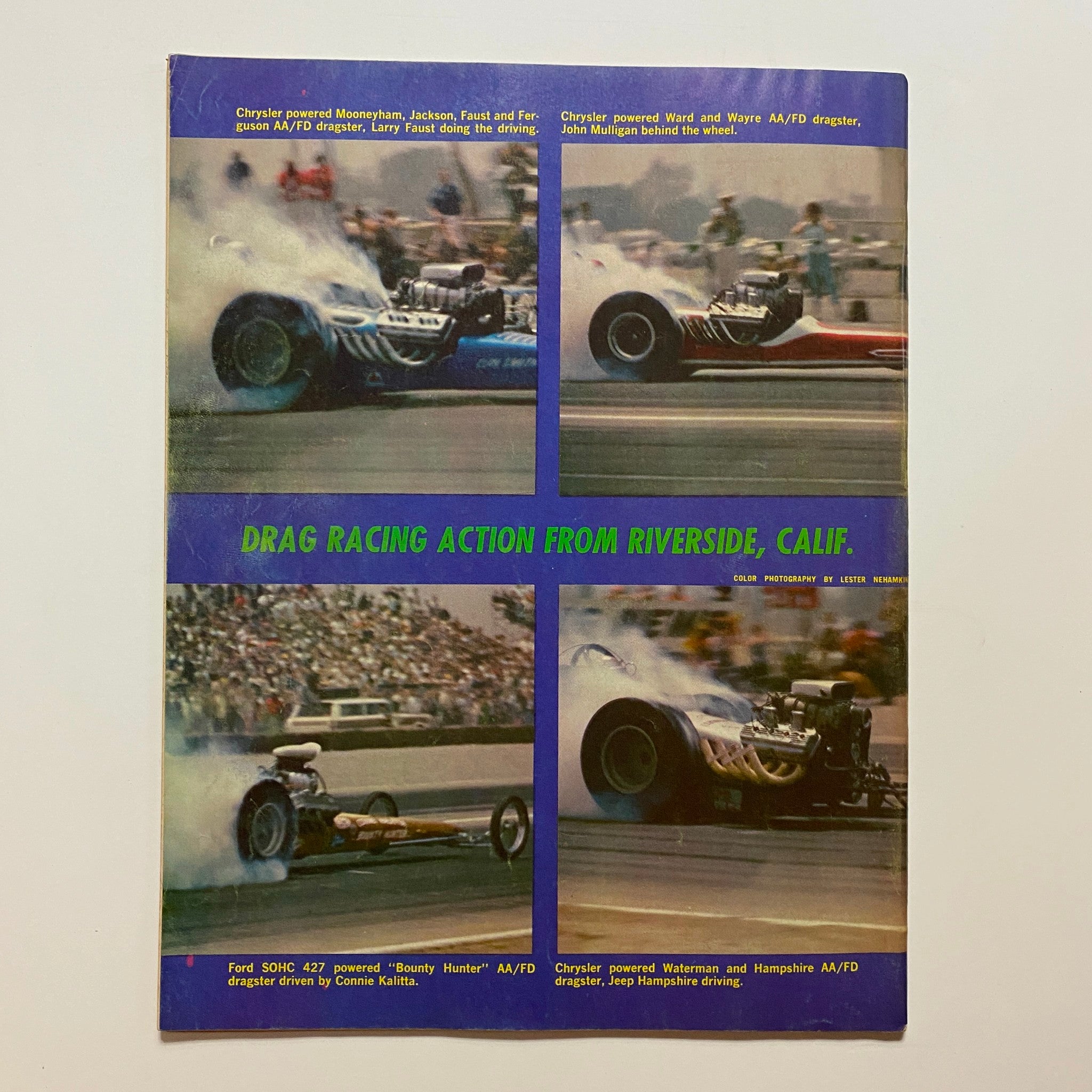 Back cover of VTG Auto Topics Magazine September 1965 displaying drag racing action from Riverside, California, featuring Chrysler and Ford dragsters.