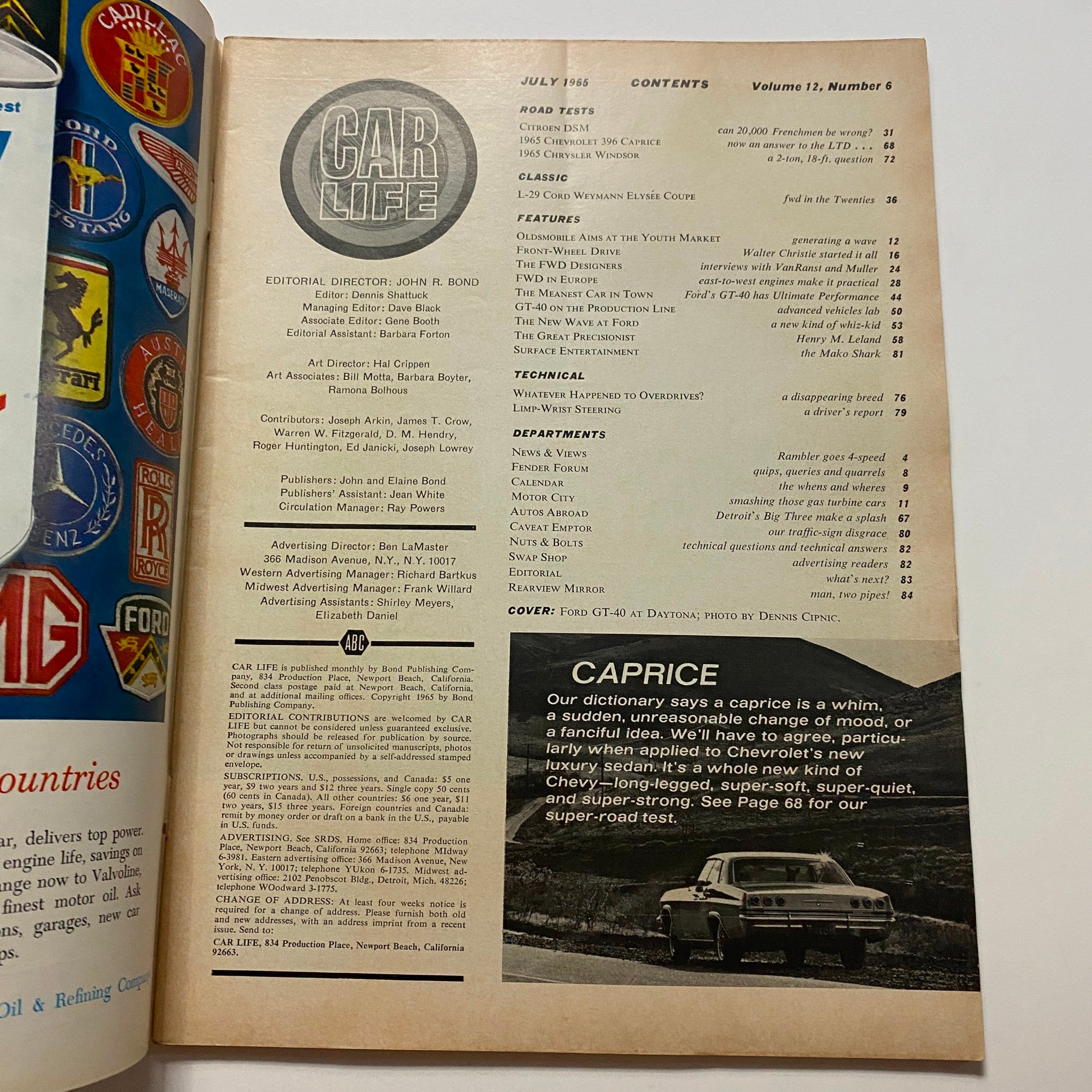 VTG Car Life Magazine July 1965 Chevrolet 396 & Caprice Road Test No Label