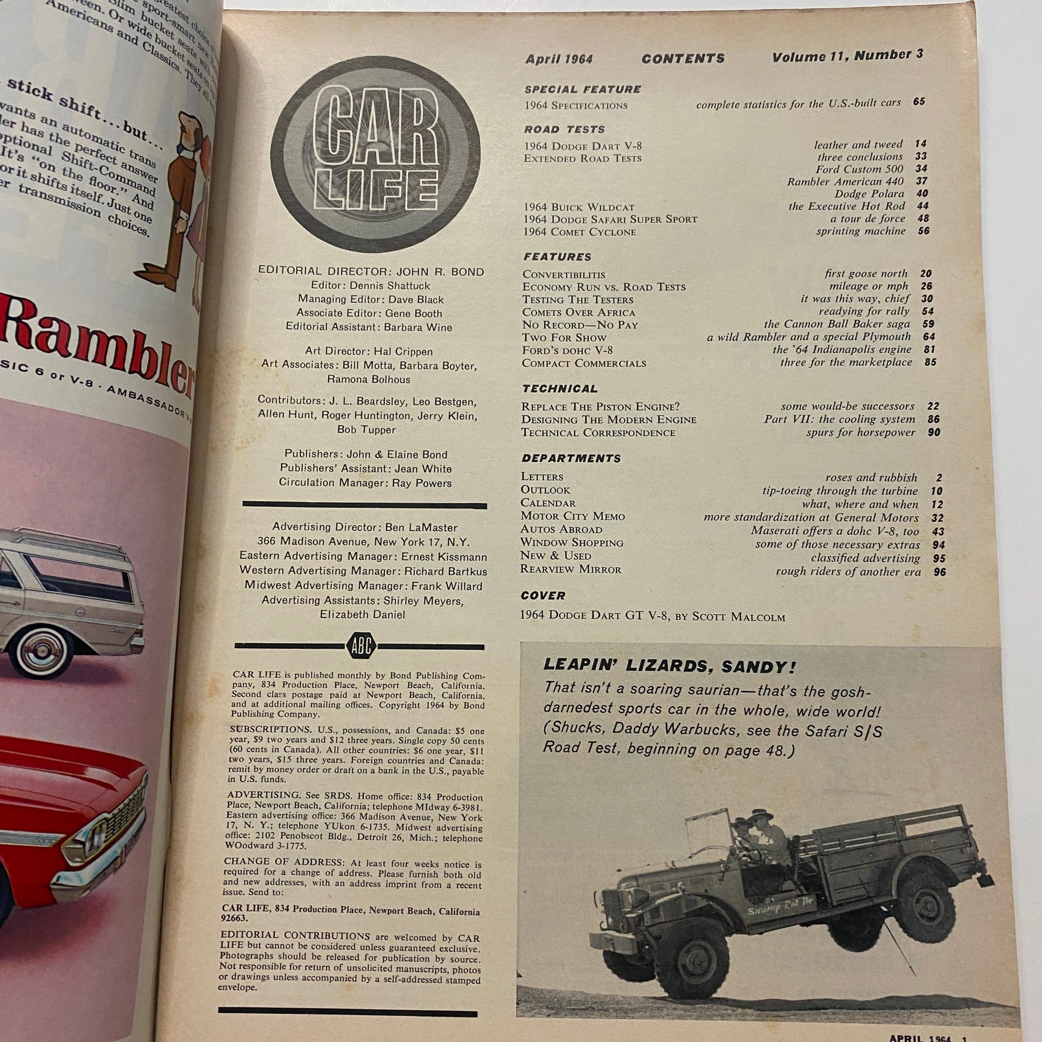 VTG Car Life Magazine April 1964 Dodge Dart GT-V8 Test and Analysis No Label