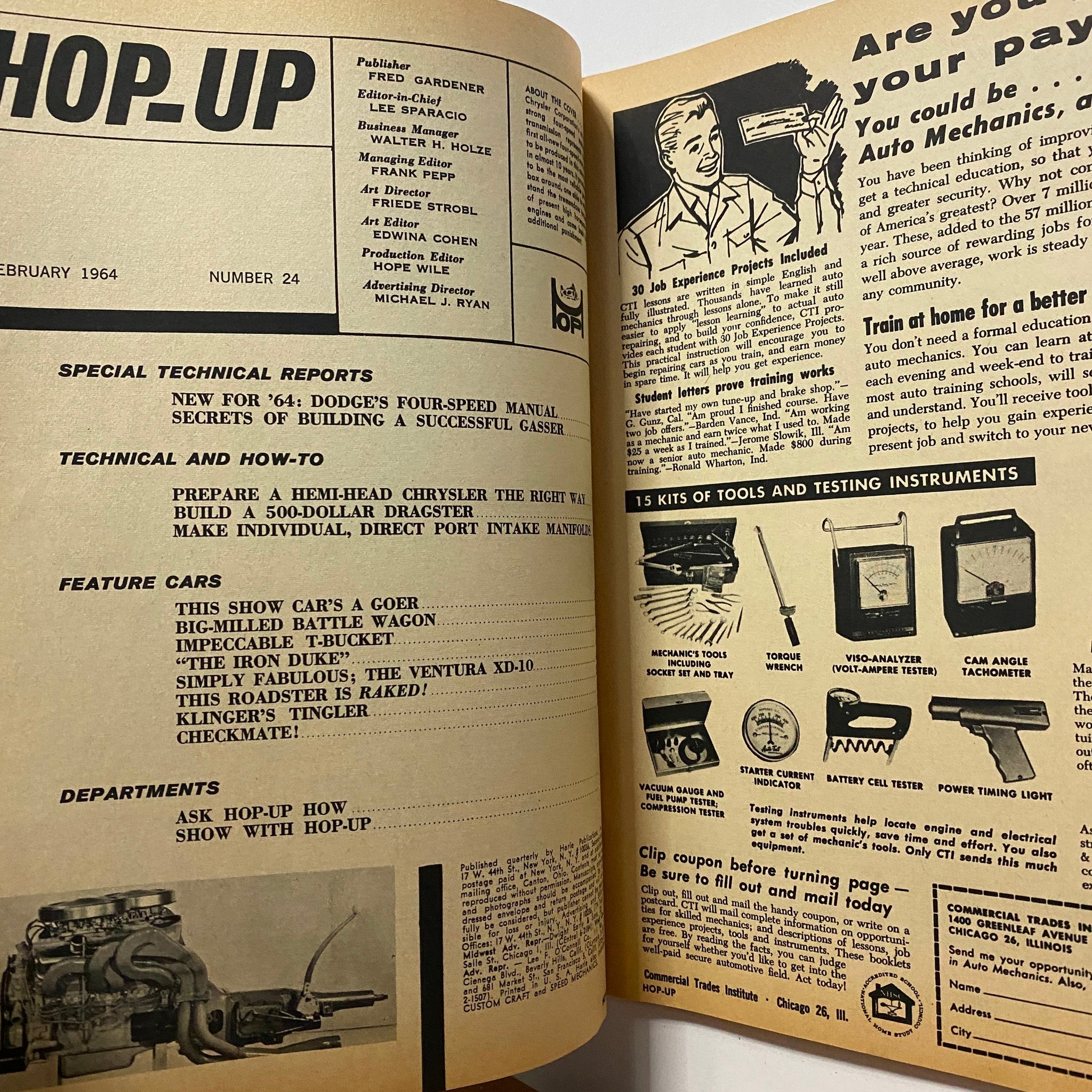 Inside view of VTG Hop Up Magazine February 1964 featuring articles and features including the Big-Milled Battle Wagon, showcasing vintage automotive culture.
