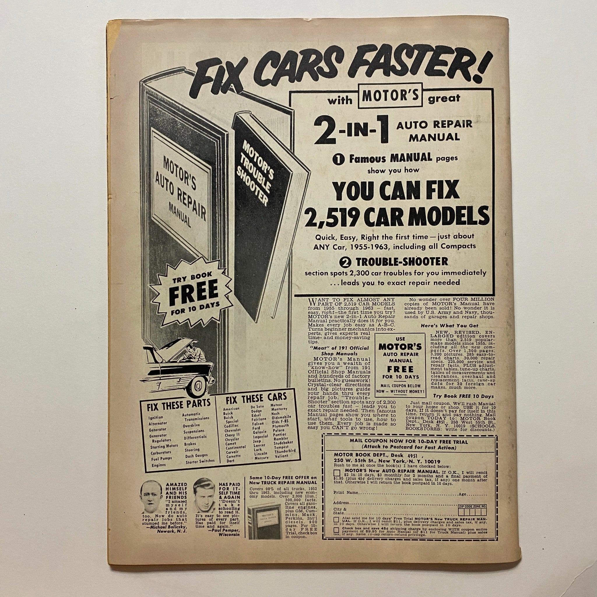 Back cover of VTG Hop Up Magazine February 1964 displaying an advertisement for MOTOR's 2-in-1 Auto Repair Manual, highlighting auto repair resources.