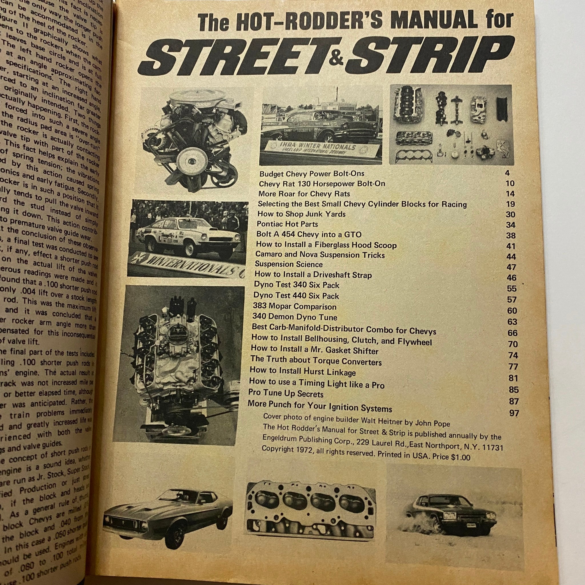 Interior page from The Hot Rodder's Manual for Street & Strip 1972-1973 Annual showcasing various hot rod components and installation tips.