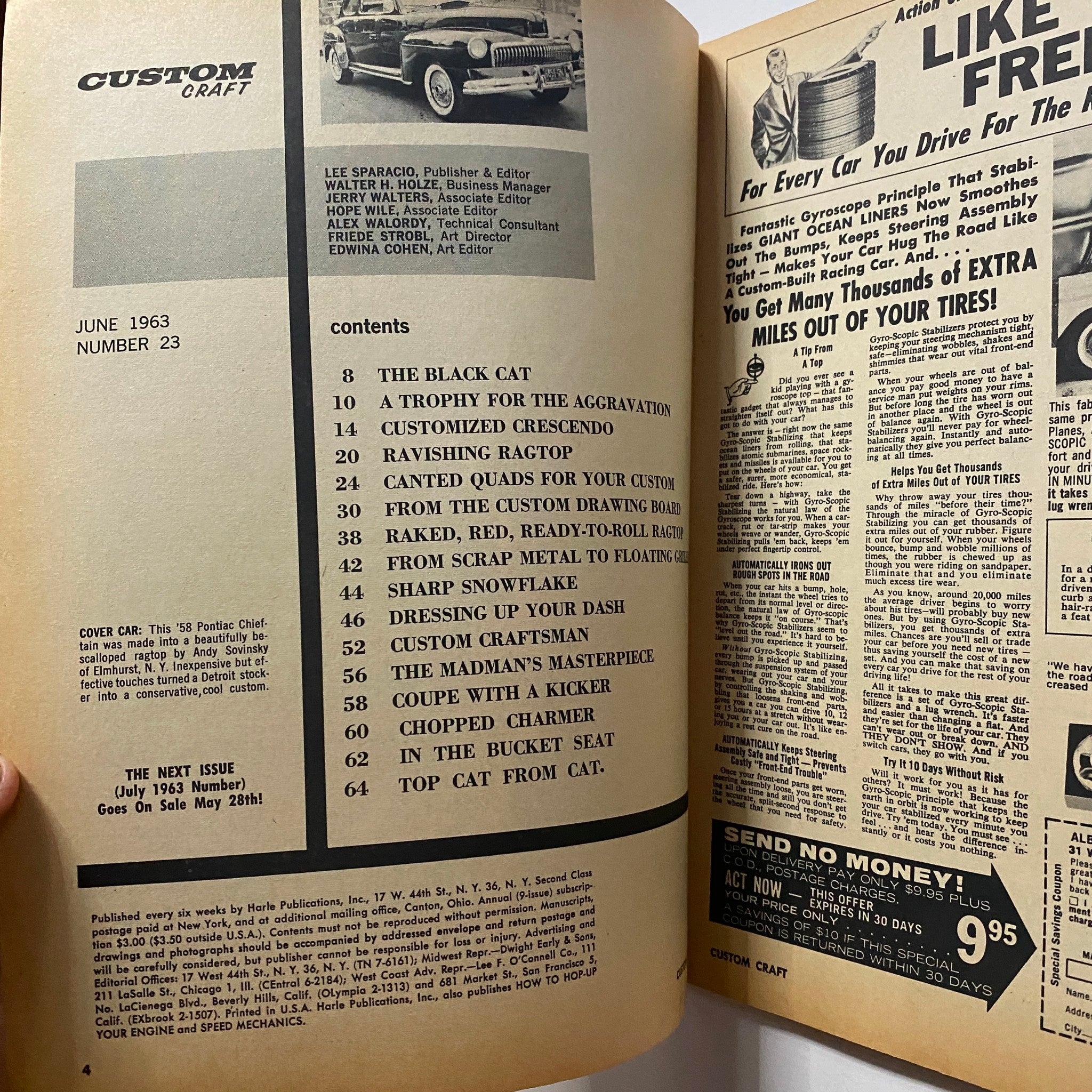 VTG Custom Craft Magazine June 1963 No. 23 featuring contents page with automotive articles, including customized cars and repair tips. Vintage car design showcased in the magazine.