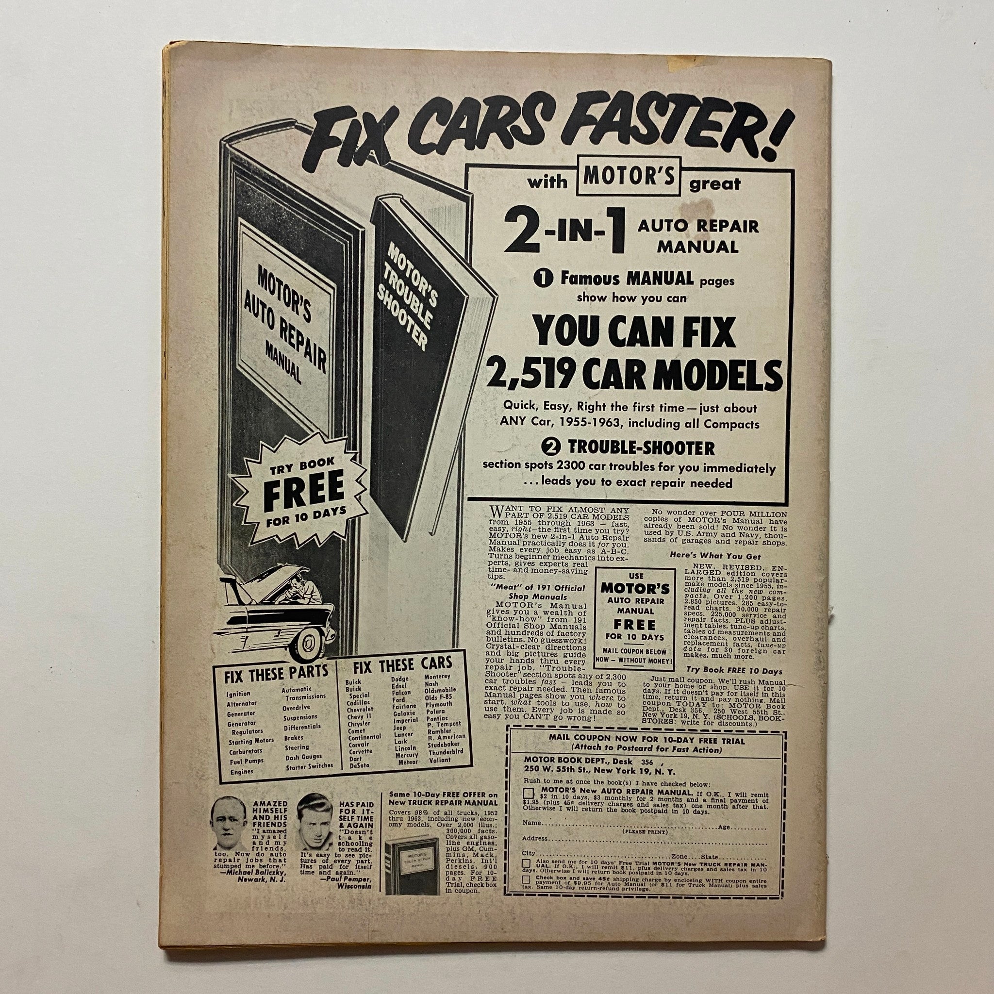 VTG Custom Craft Magazine June 1963 No. 23 back cover highlighting MOTOR'S Auto Repair Manual with information on fixing cars and troubleshooting car troubles.