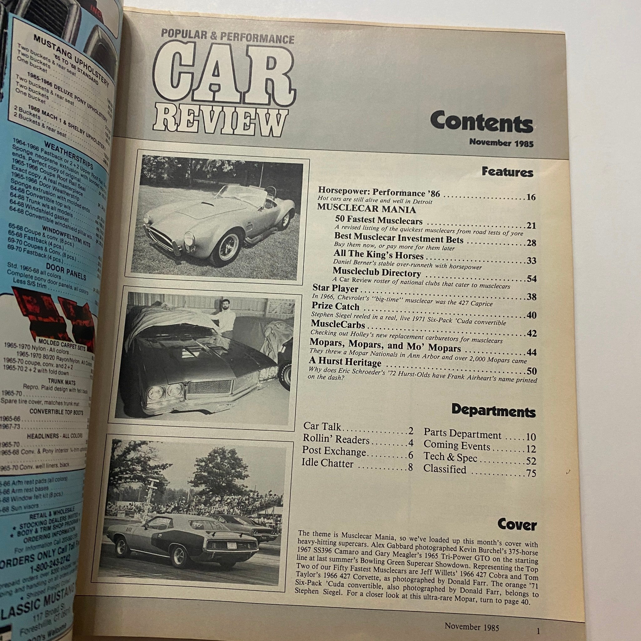 Popular & Performance Car Review Magazine November 1985 Hurst Heritage No Label