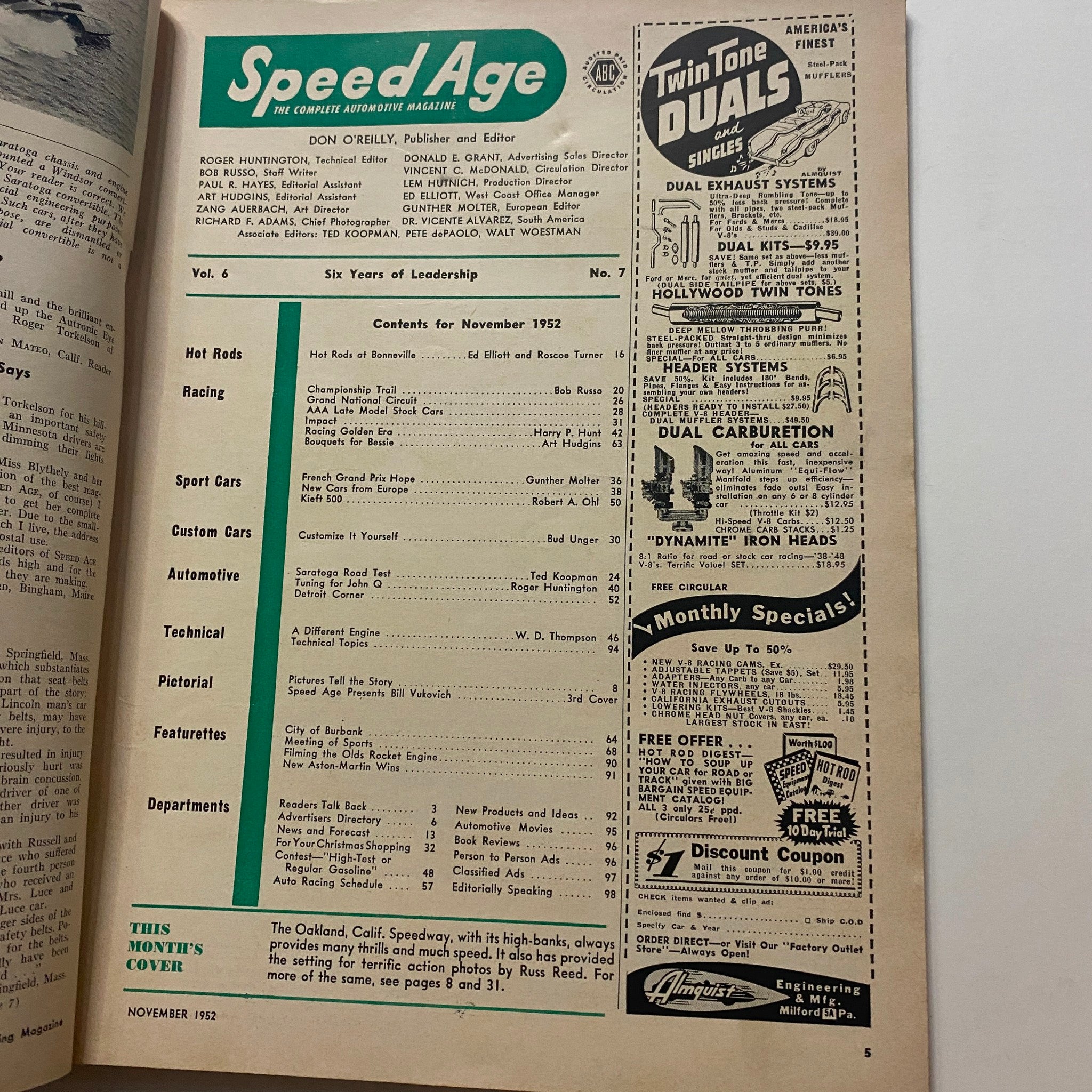 VTG Speed Age Magazine November 1952 Vol 6 No. 7 Hot Rods at Bonneville No Label