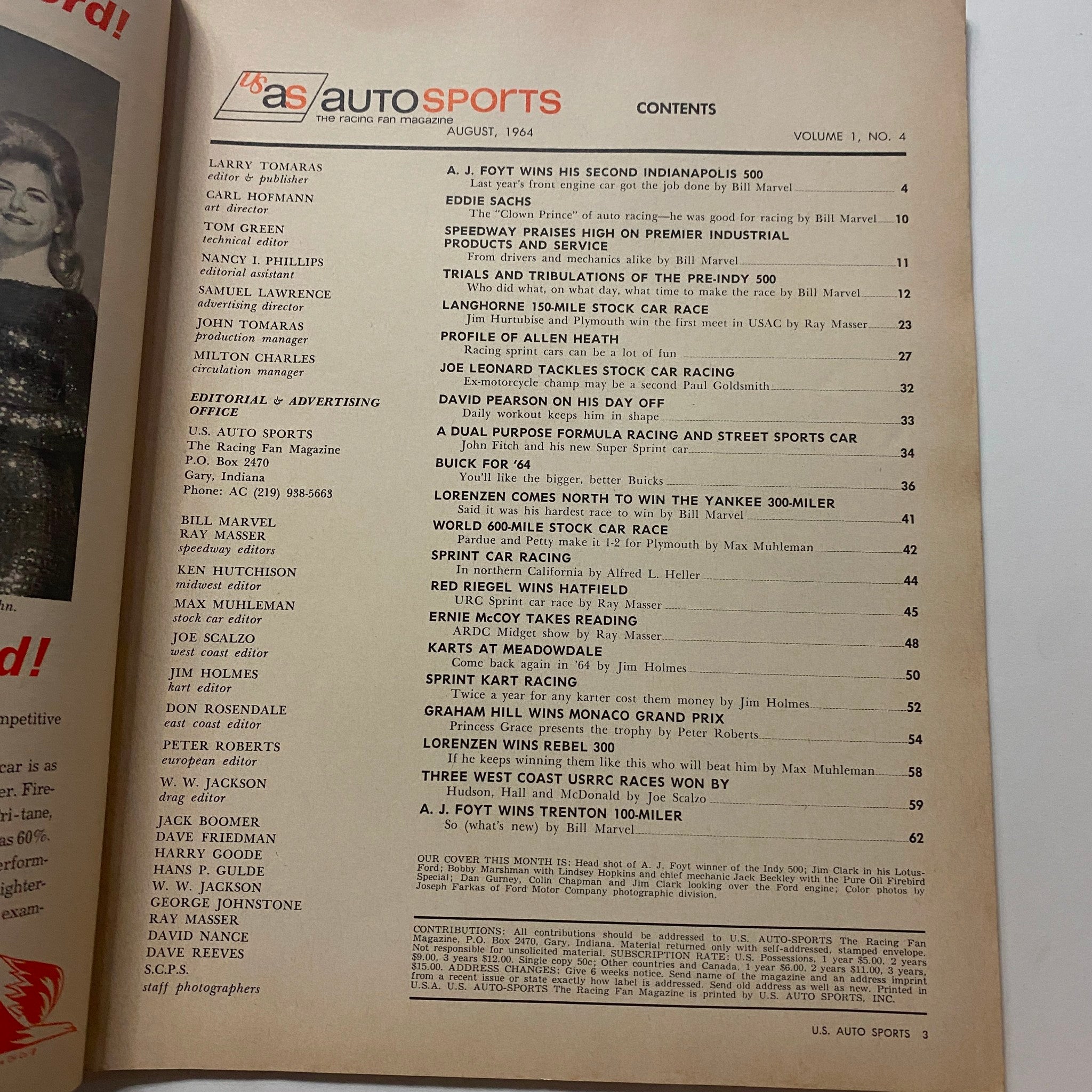 Auto Sports The Racing Fan Magazine August 1964 A.J. Foyt Wins No Label