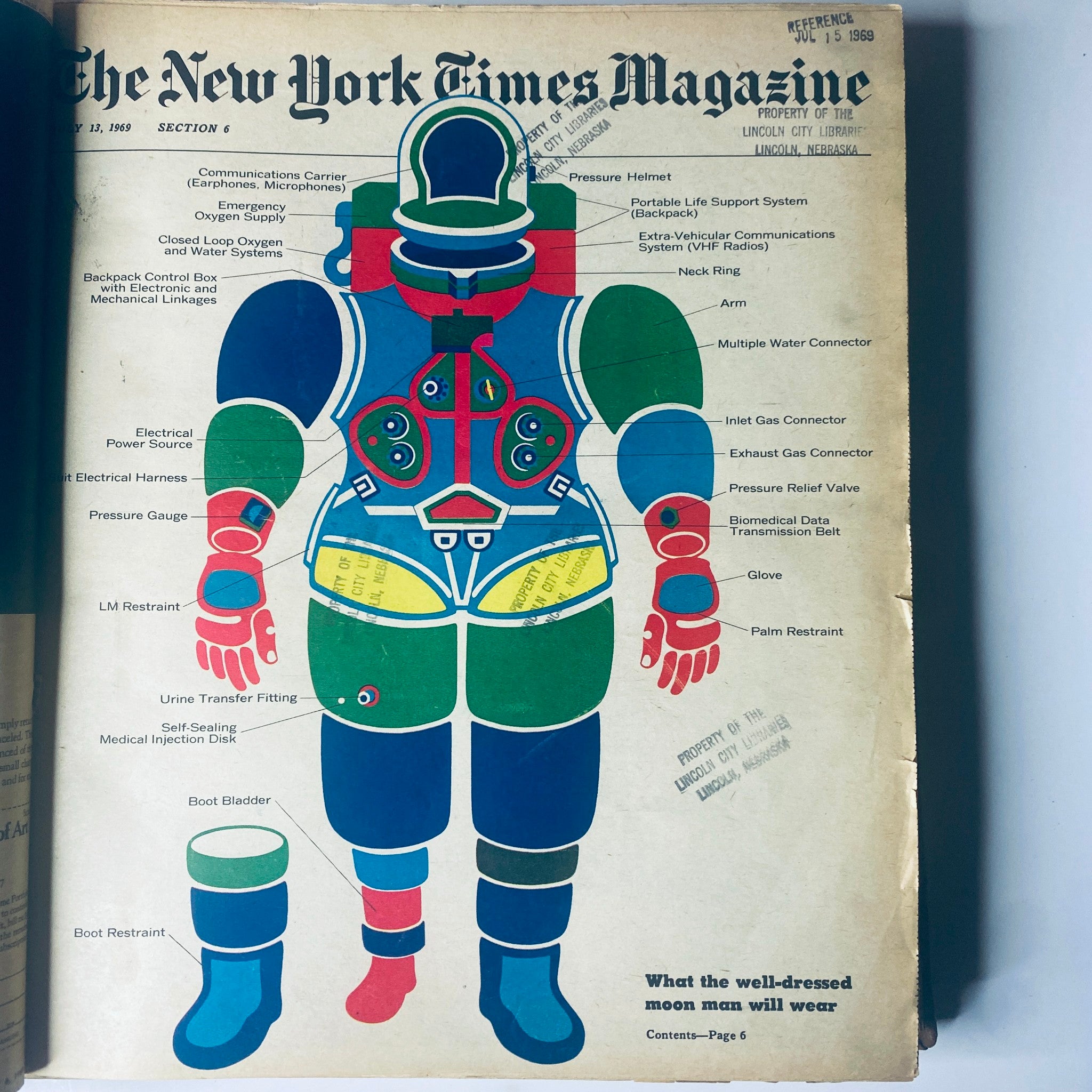 Cover of The New York Times Magazine from July 13, 1969, illustrating a detailed diagram of an astronaut's suit with annotations, reflecting on the Apollo 11 moon landing preparations.