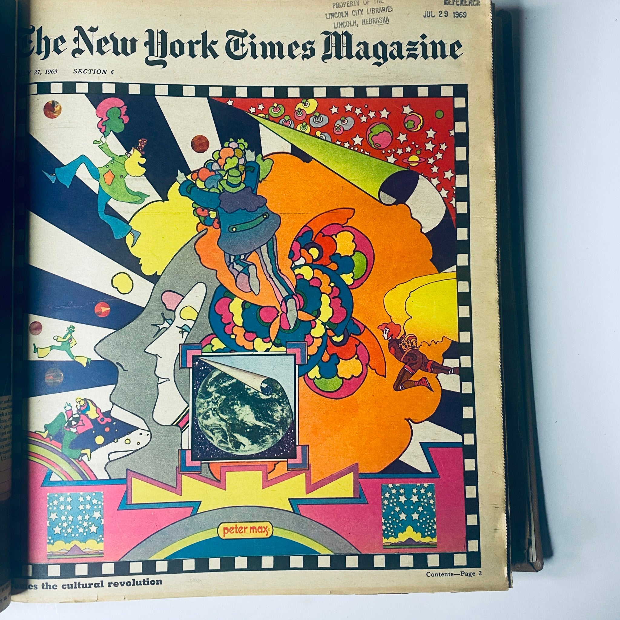 Cover of The New York Times Magazine from July 27, 1969, displaying vibrant artwork by Peter Max, symbolizing the cultural revolution and the artistic expression of the late 1960s.