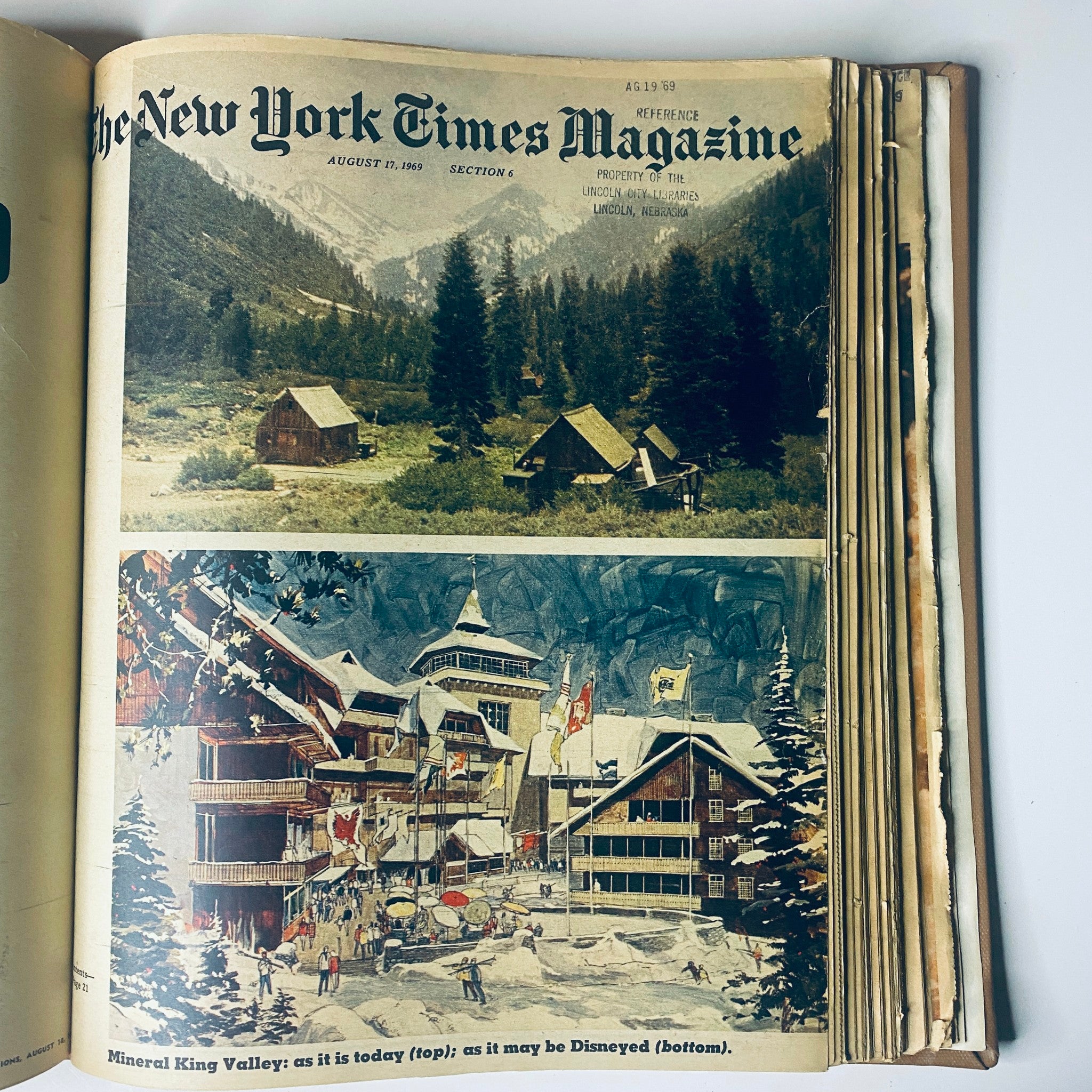 Cover of The New York Times Magazine, August 11, 1969, showing scenic views of Mineral King Valley, with a rustic landscape comparing past and potential future.