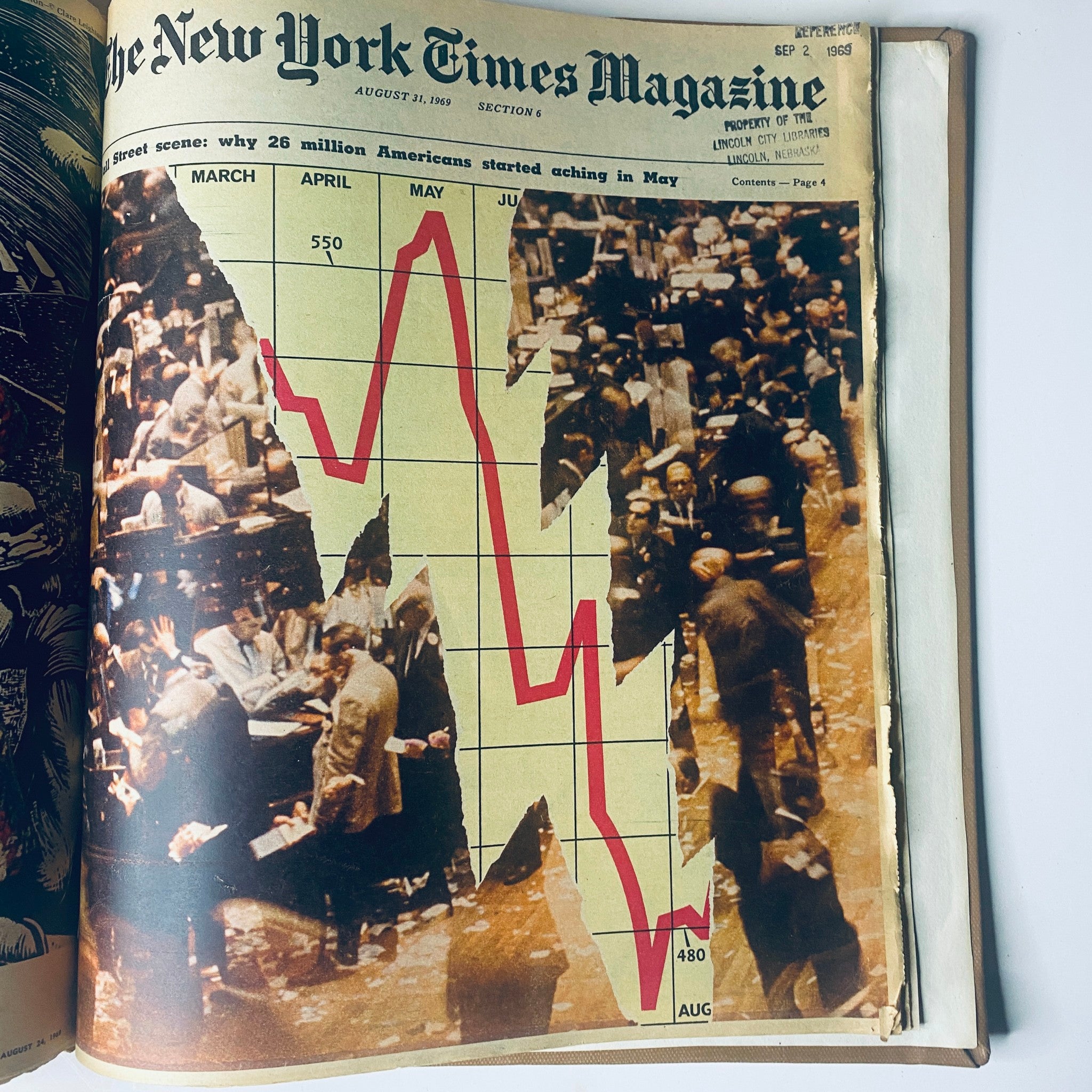 Graphical representation from The New York Times Library Edition Bound Magazine July-August 1969, illustrating economic trends with a chart and crowd scene on Wall Street.
