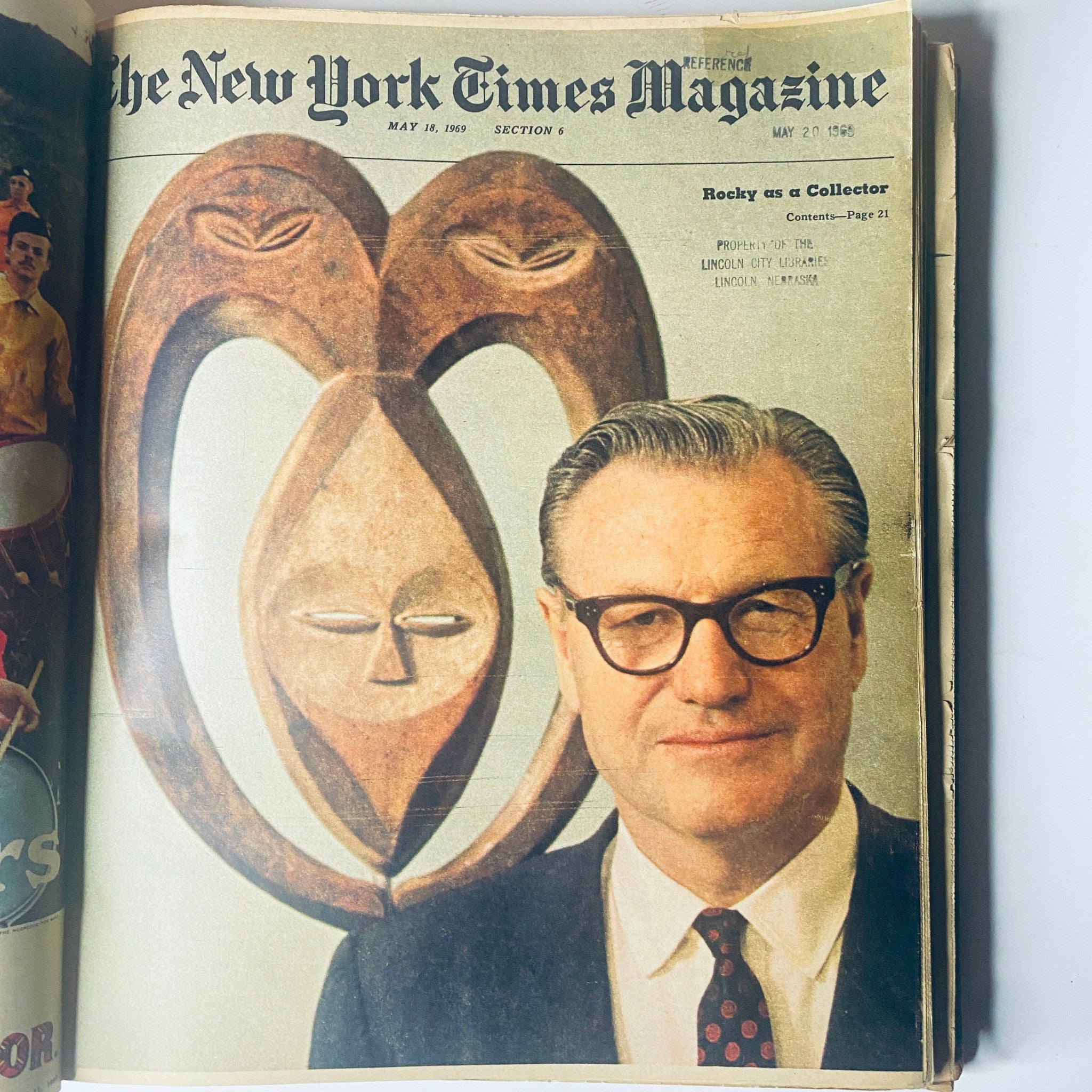 The New York Times Bound Magazine 1969 May - June, displaying the May 18, 1969 cover featuring a man named Rocky posing with unique artifacts.