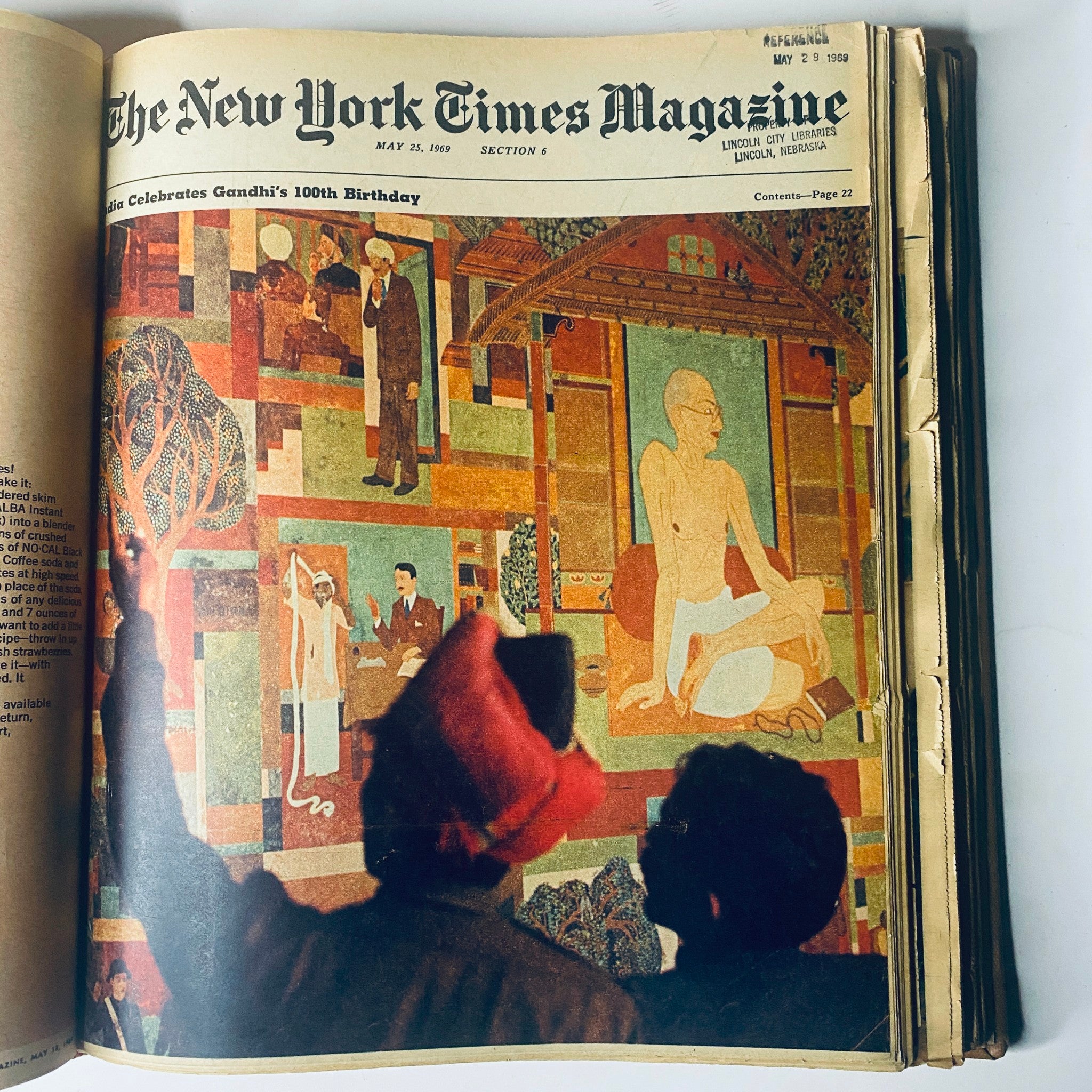 The New York Times Bound Magazine 1969 May - June, illustrating the May 25, 1969 cover depicting a celebration of Gandhi's 100th birthday with artwork.