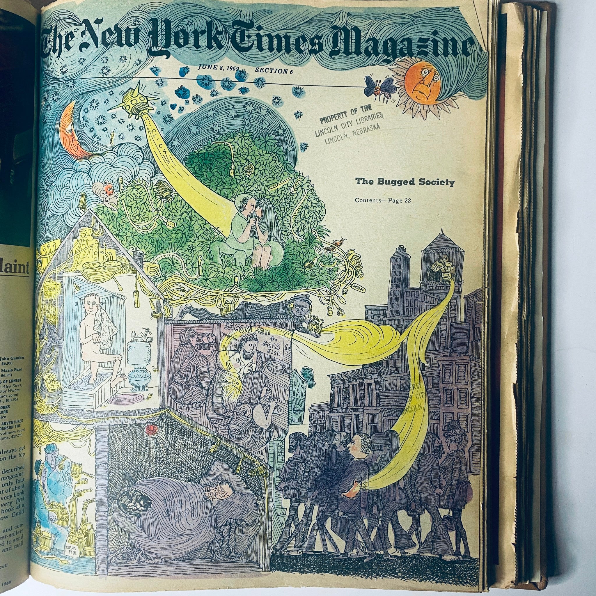 Cover of The New York Times Magazine from June 8, 1969, depicting a vibrant illustration titled 'The Bugged Society', reflecting societal issues of the time.