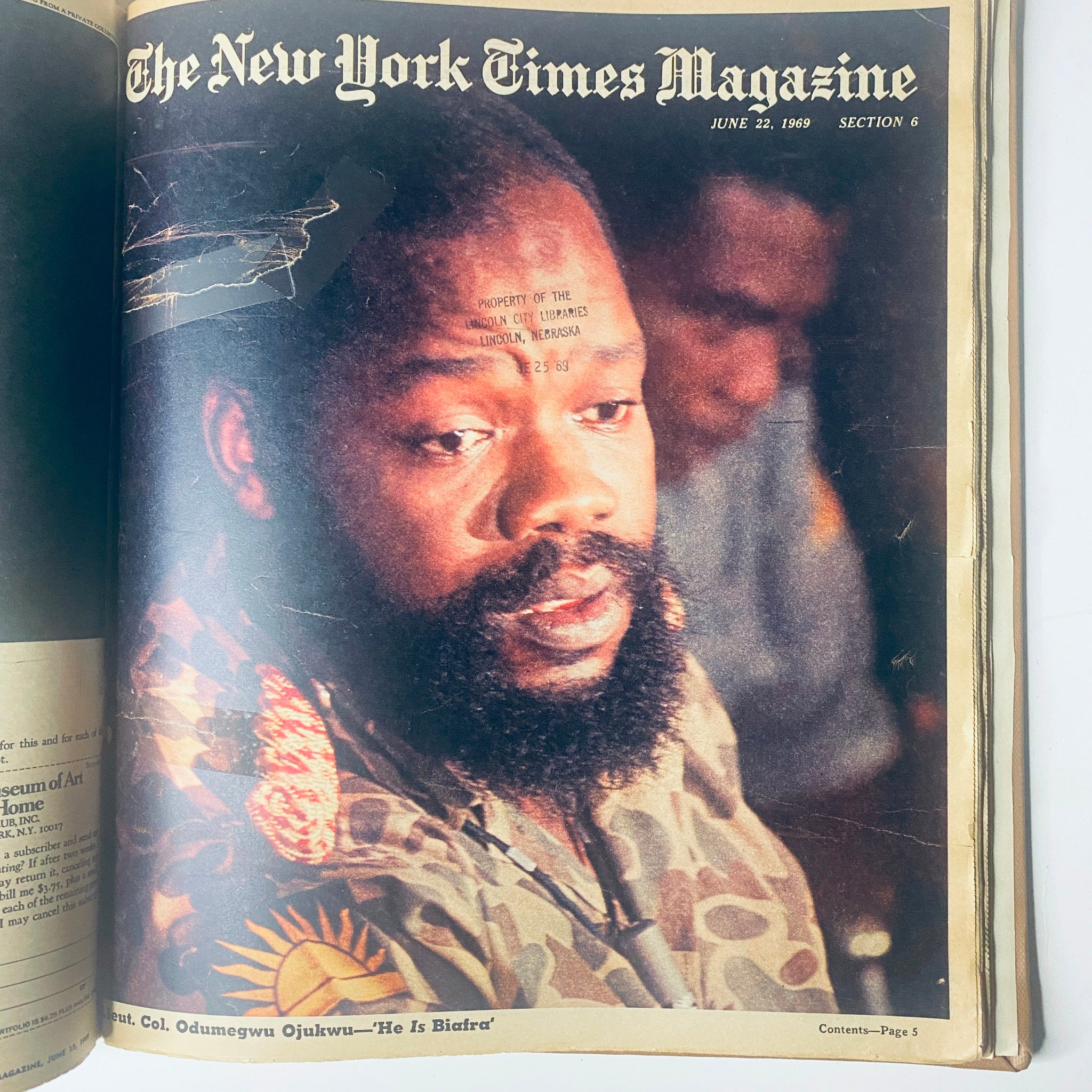 Cover of The New York Times Magazine from June 22, 1969, showing a close-up photograph of Colonel Odumegwu Ojukwu, symbolizing historical narratives and cultural contexts.