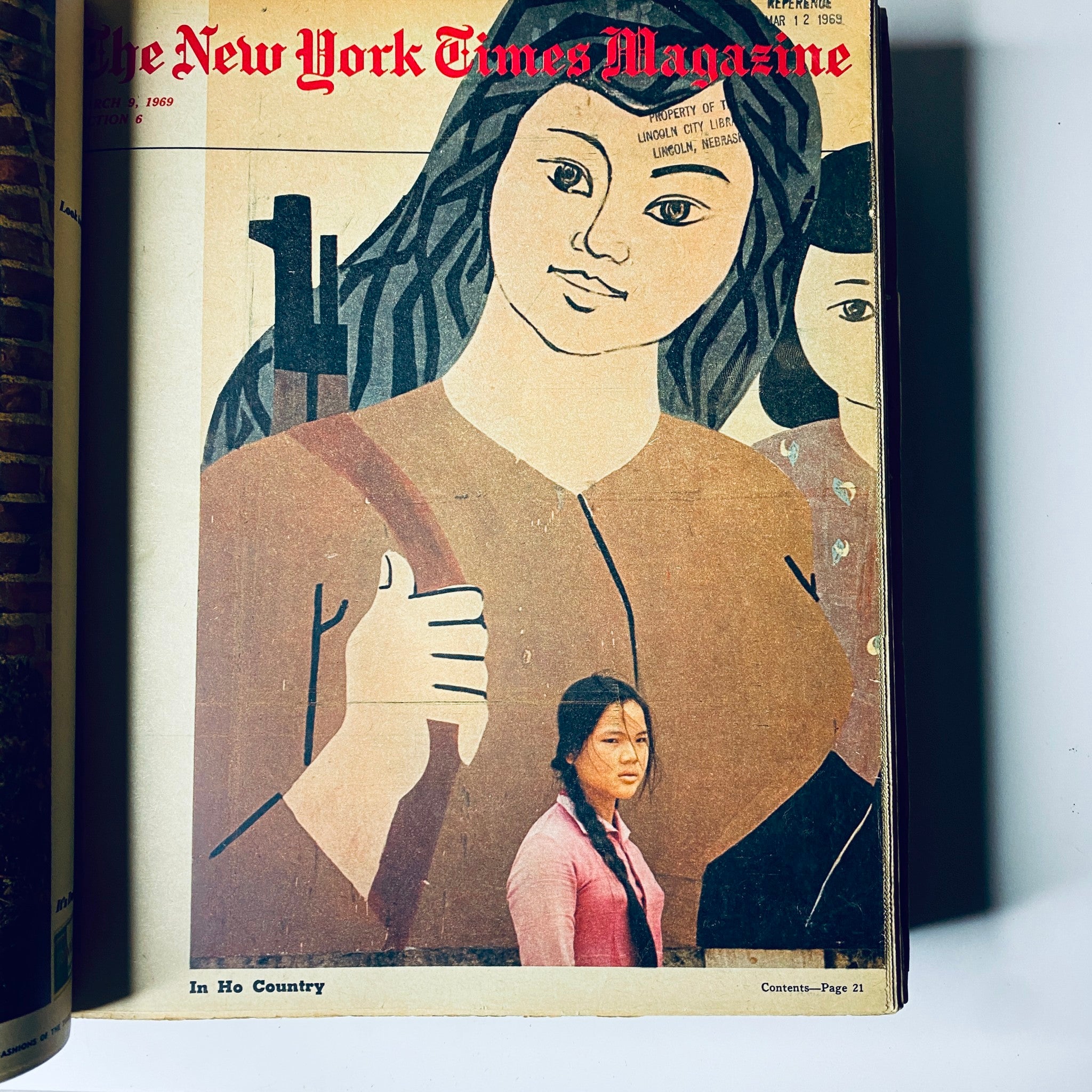 The New York Times Bound Magazine 1969 March - April cover showcasing an artistic portrait of a woman with cultural references, illustrating the magazine's commitment to contemporary issues.