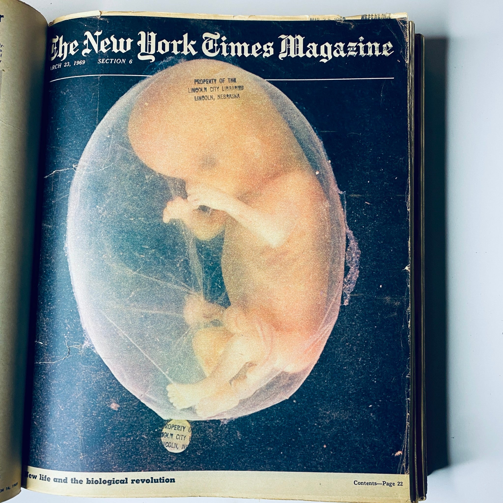 Cover of The New York Times Bound Magazine 1969 March - April featuring an image of a developing fetus, illustrating significant biological themes discussed in the magazine.
