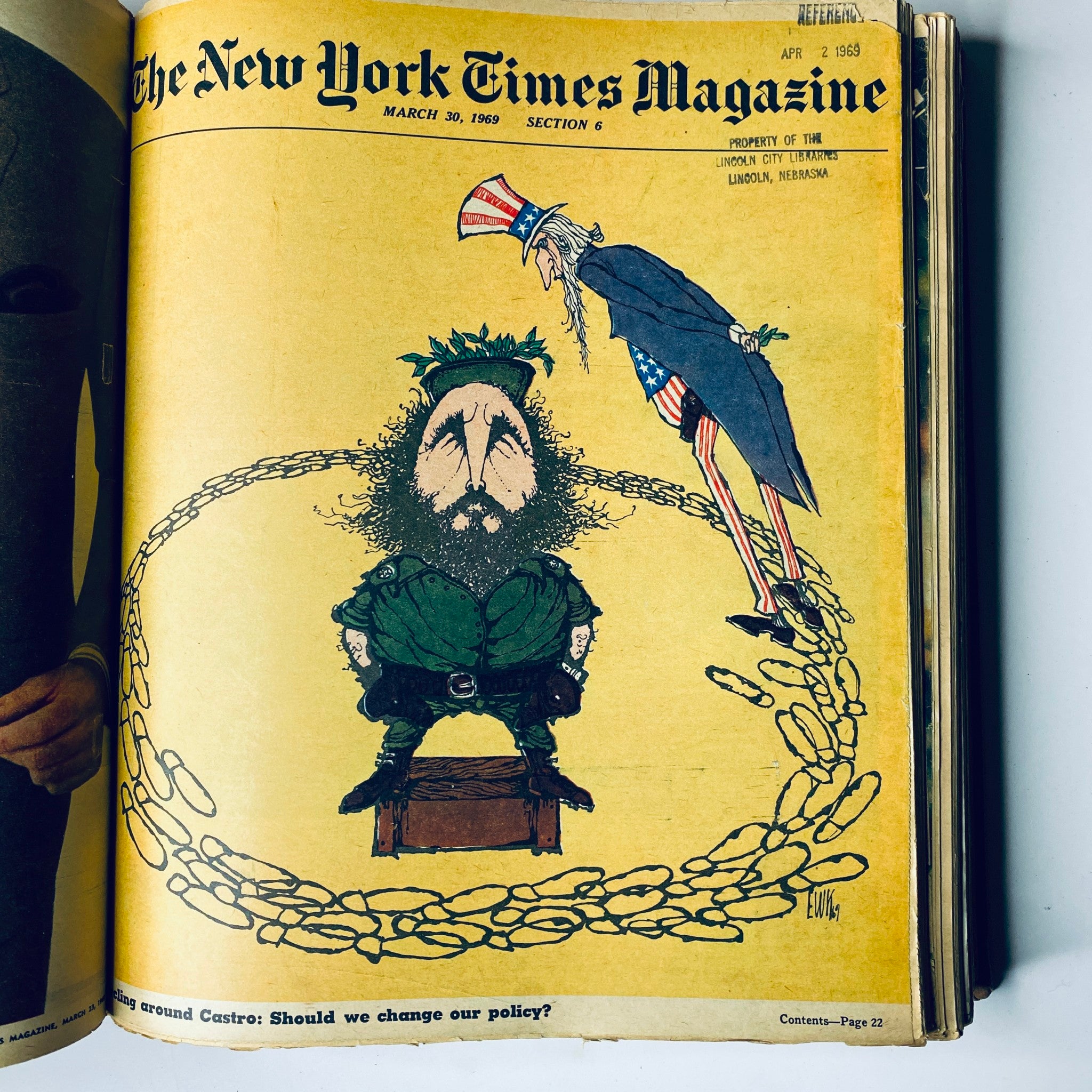 Cover of The New York Times Magazine March 30, 1969, featuring a satirical illustration including Uncle Sam and Fidel Castro, addressing political themes of the time.