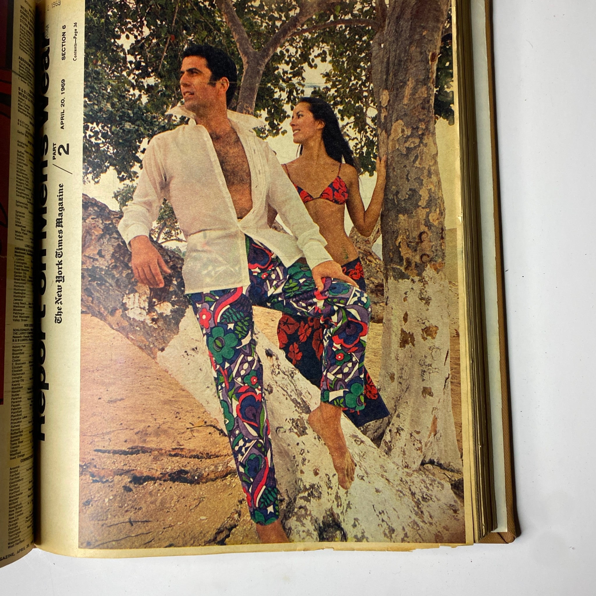 Fashion spread from The New York Times Magazine April 20, 1969, displaying 1960s swimwear styles on a couple, illustrating contemporary fashion trends.