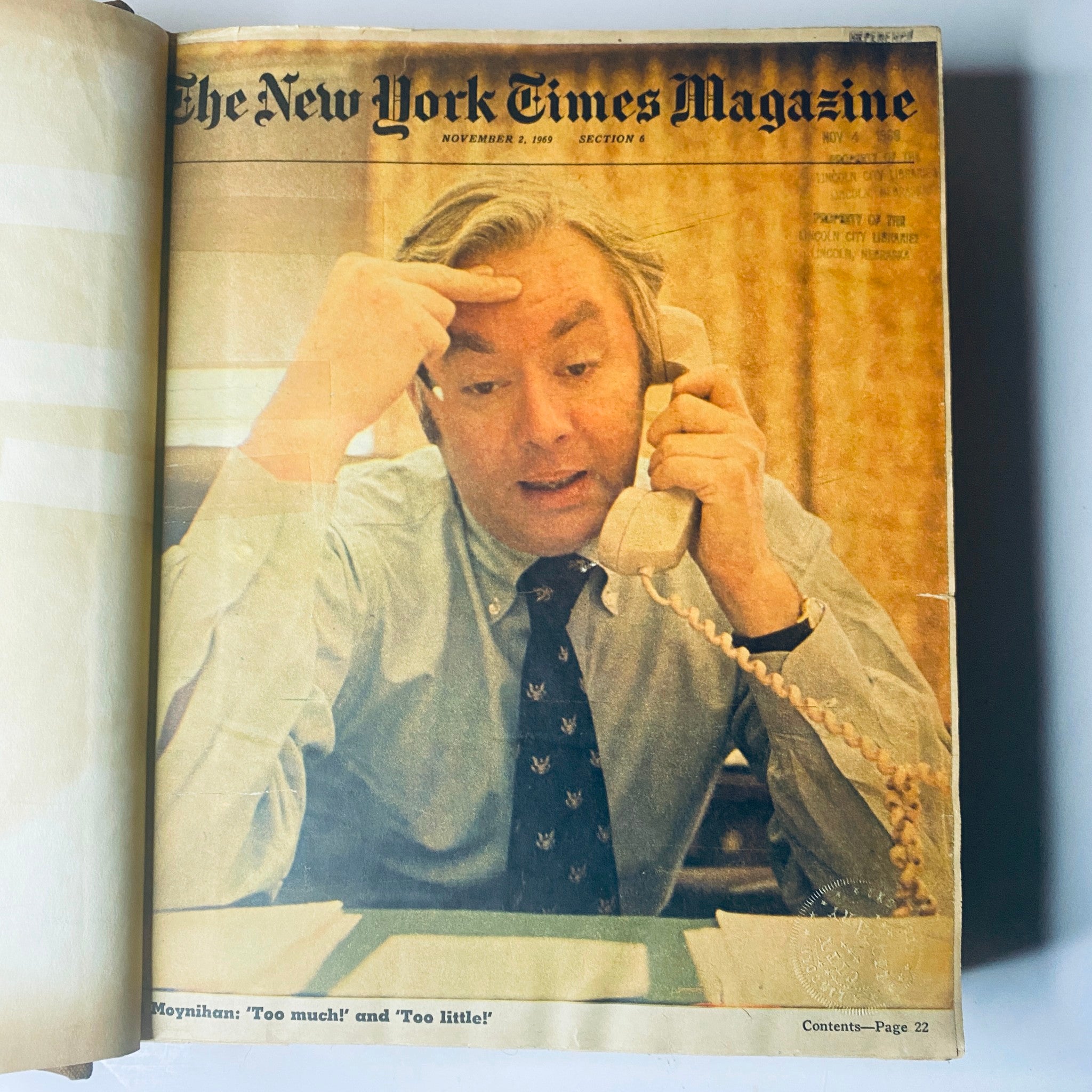 Cover of The New York Times Magazine dated November 2, 1969, featuring a man on the phone with a distressed expression.