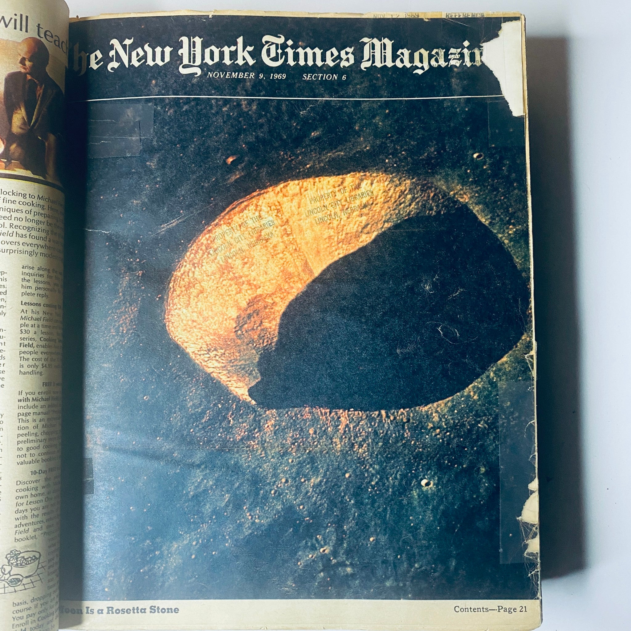 Cover of The New York Times Magazine dated November 9, 1969, showcasing a black and white image relating to lunar exploration.