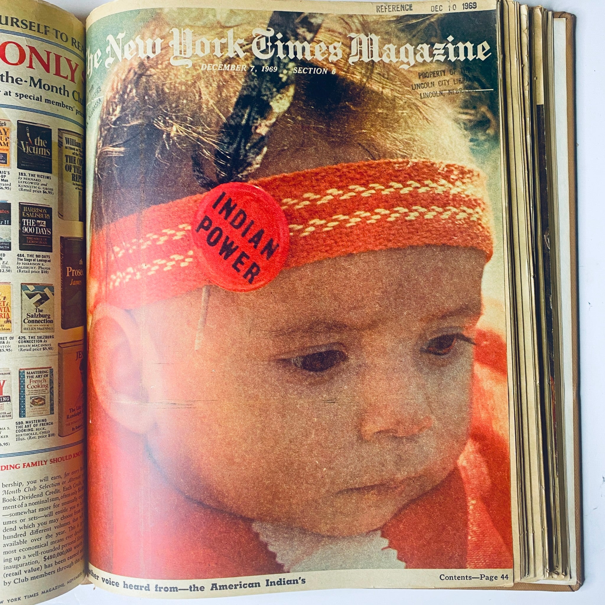 Cover of The New York Times Bound Magazine December 7, 1969, featuring a young child with an 'Indian Power' button, symbolizing cultural identity.