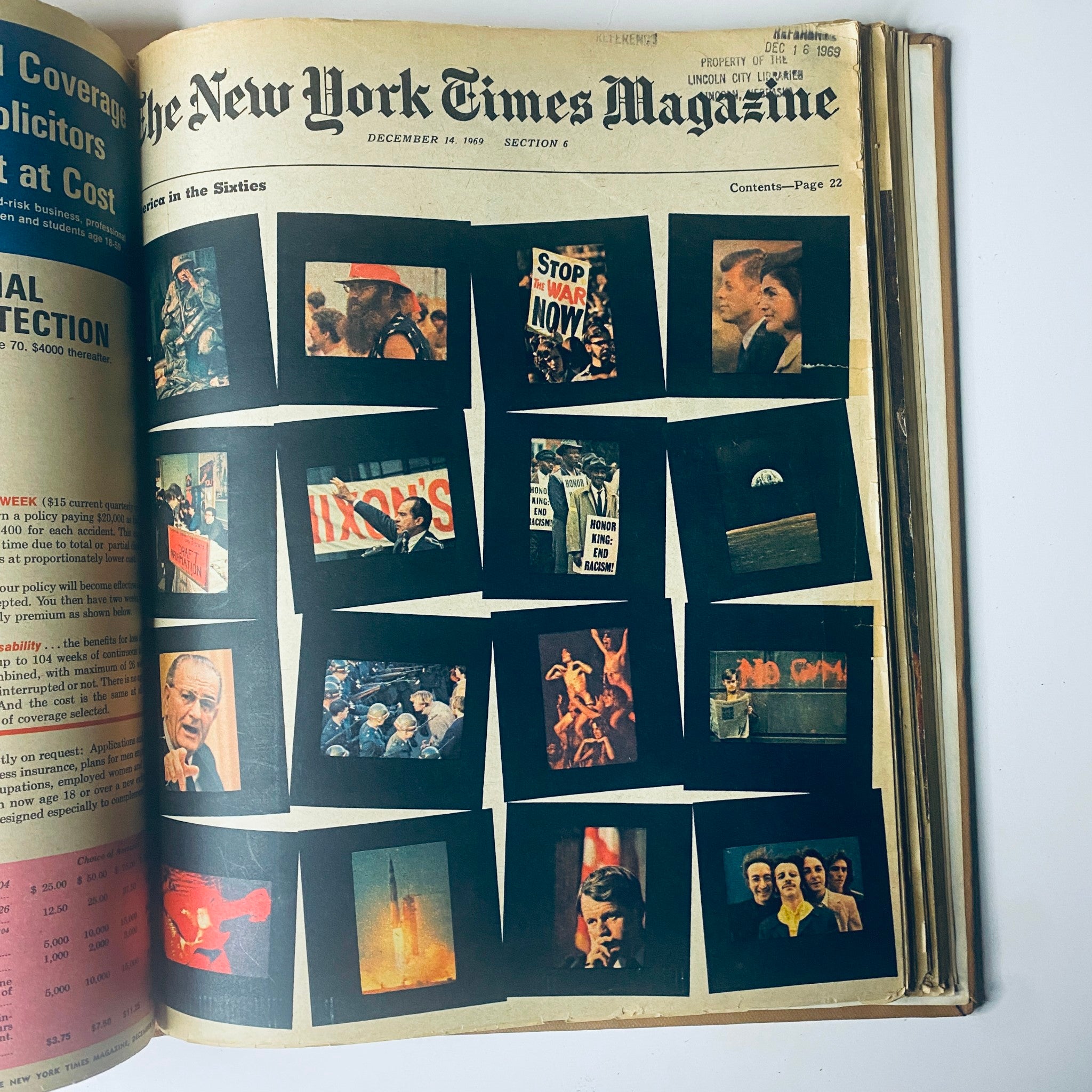 Cover of The New York Times Bound Magazine December 14, 1969, showcasing a collage of political images from the 1960s, illustrating significant historical events.