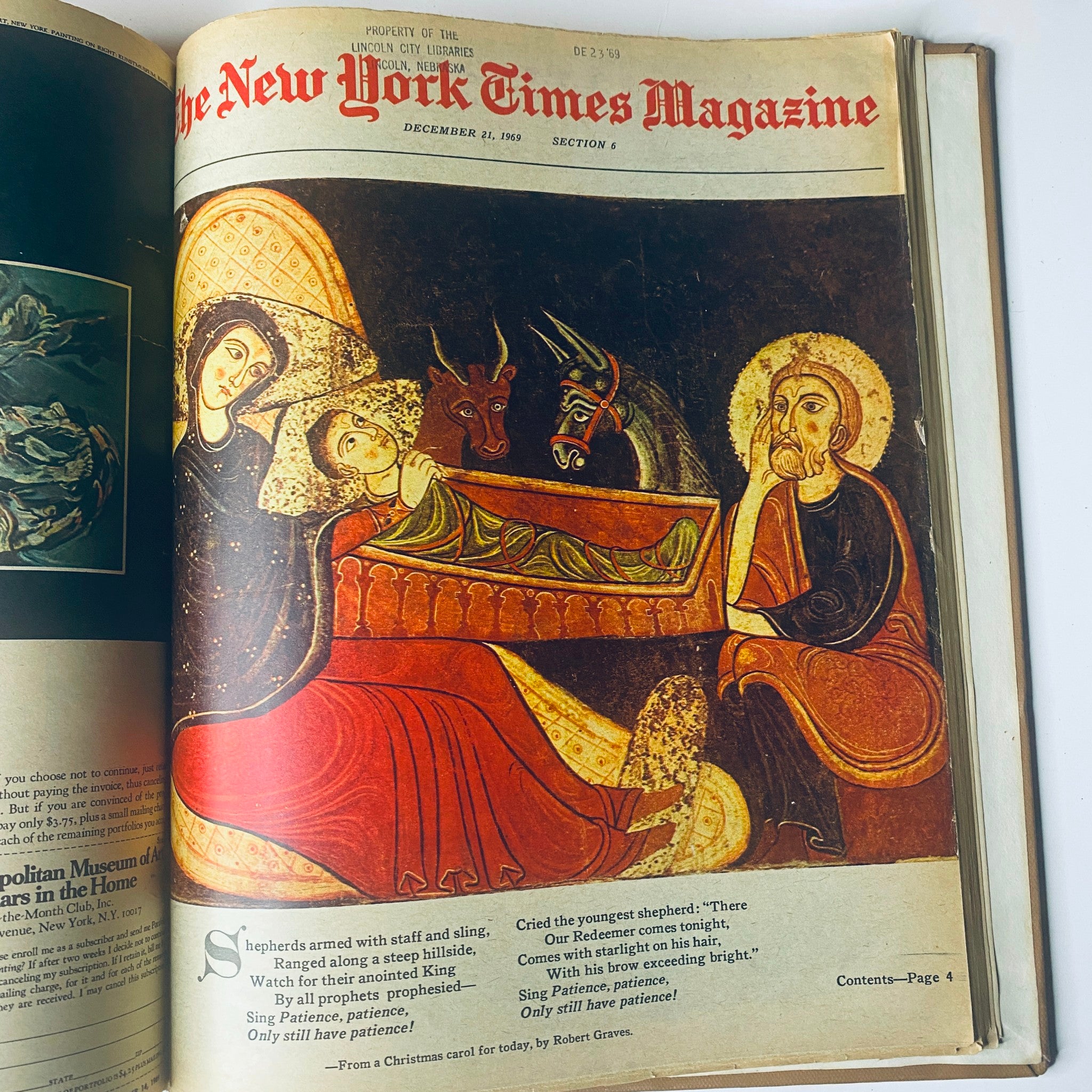 The New York Times Bound Magazine, December 21, 1969, featuring an artistic illustration of the nativity scene with the headline depicting a Christmas theme.