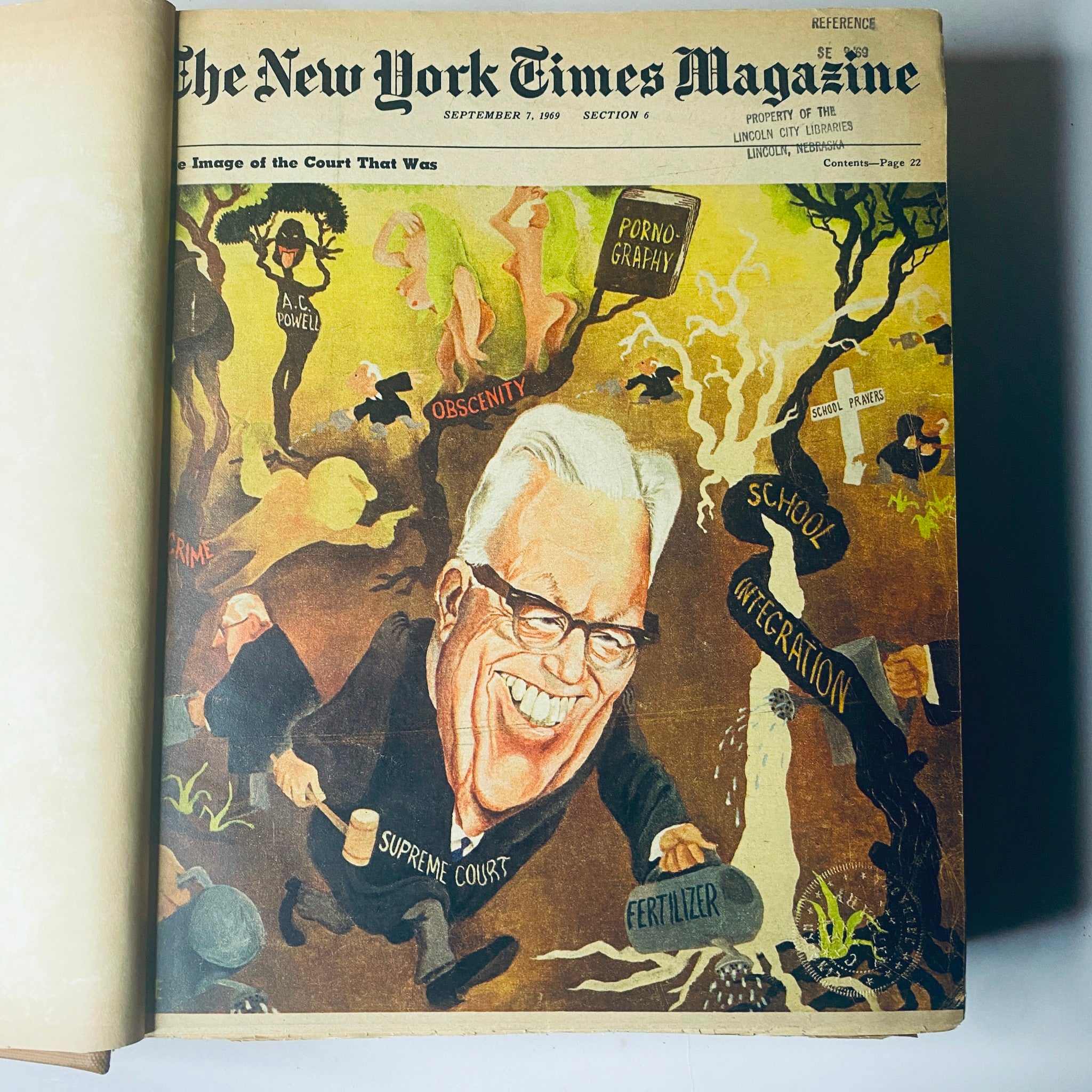 The New York Times Bound Magazine 1969 September - October, showing the colorful cover of the September 7, 1969 issue, featuring political themes and illustrations representing court cases, a valuable piece of journalistic history.