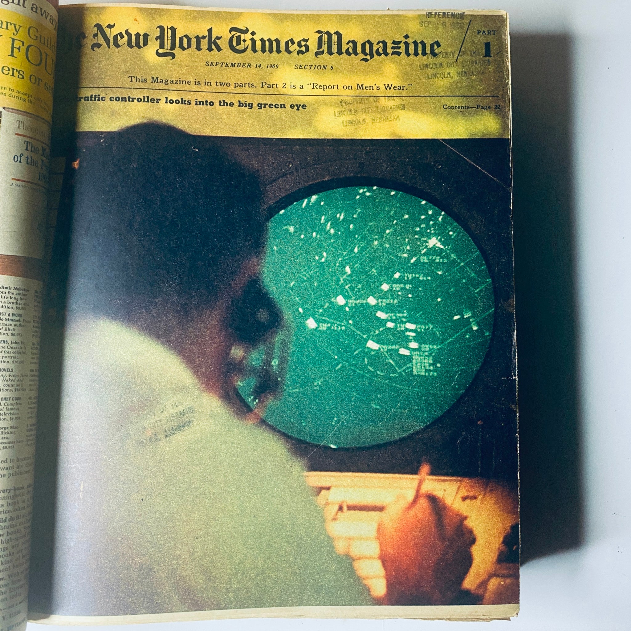 Cover of The New York Times Bound Magazine, September 14, 1969, featuring a traffic controller looking at a radar screen. Part 1 of a report on Men's Wear.