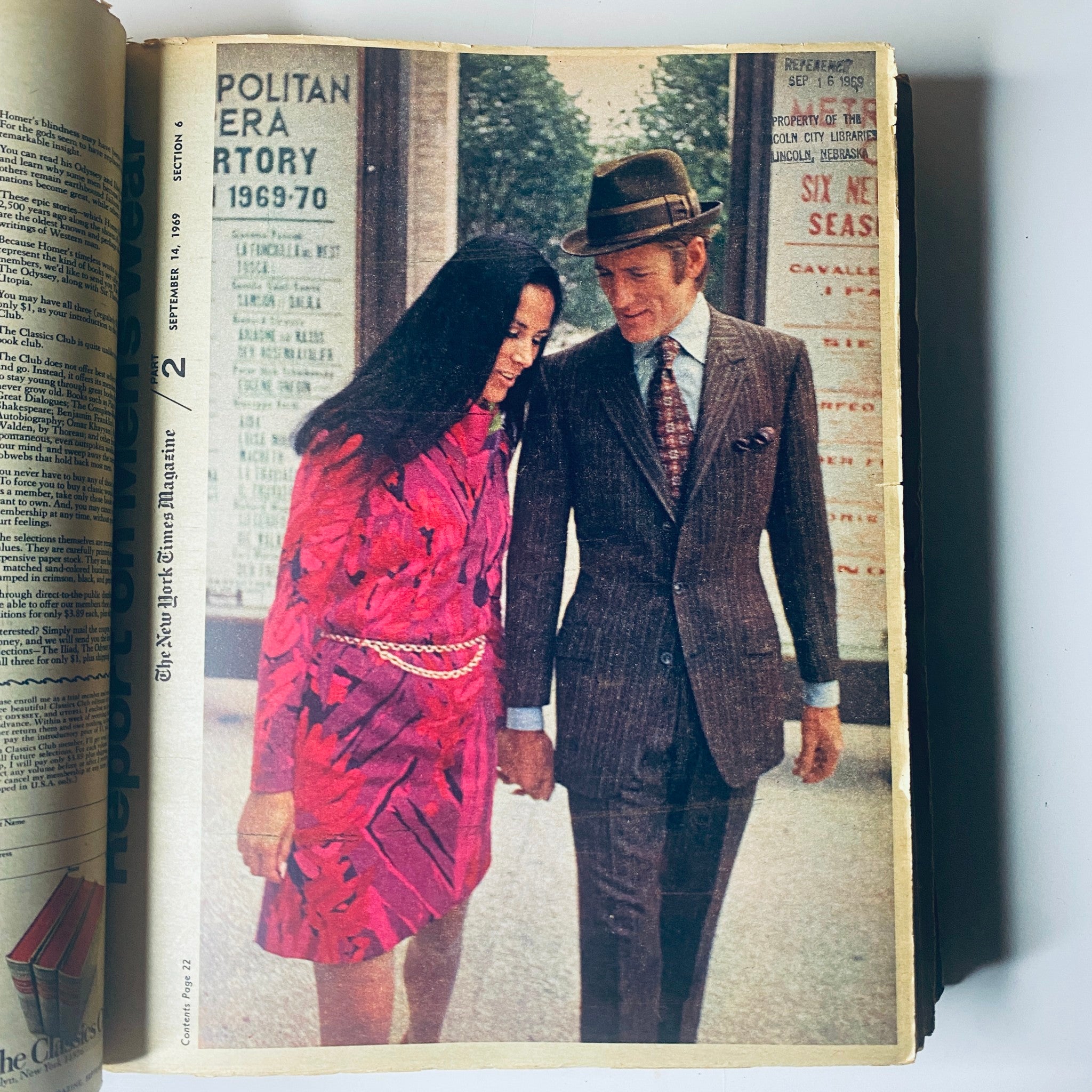 Cover of The New York Times Bound Magazine, September 14, 1969, showcasing a couple walking hand in hand, highlighting fashion trends of the era.