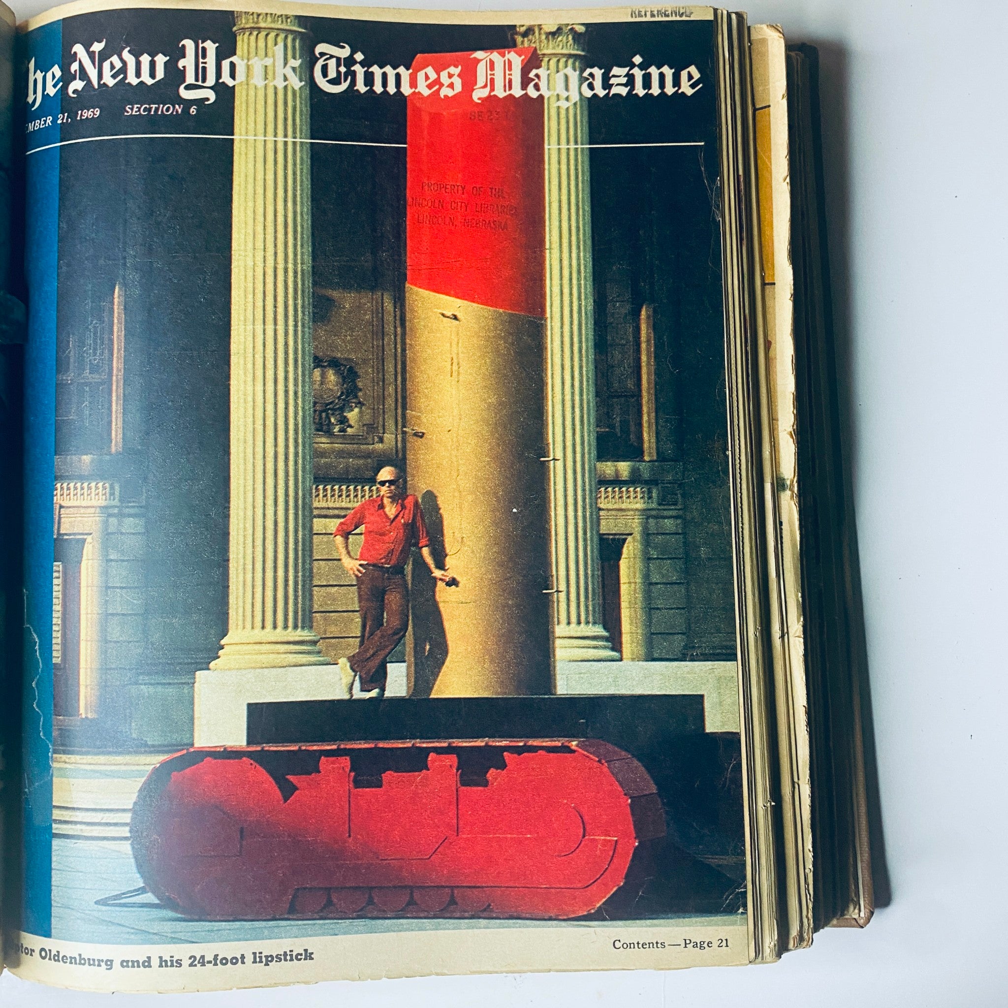 Cover of The New York Times Bound Magazine, September 21, 1969, depicting artist Claes Oldenburg alongside a large red sculpture, symbolizing modern art movements.