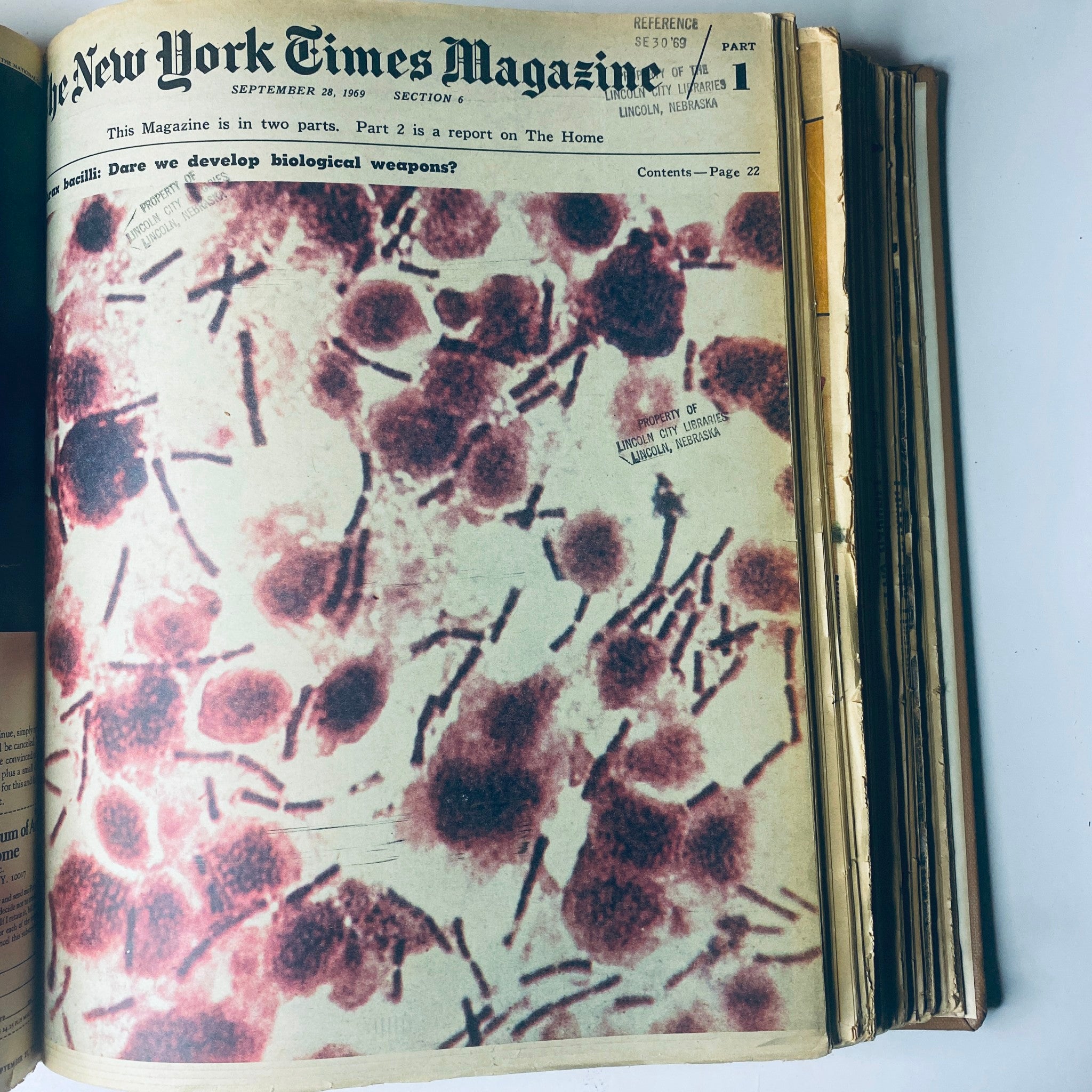 Cover of The New York Times Bound Magazine, September 28, 1969, featuring a microscopic view of bacteria, posing a question about biological weapons.